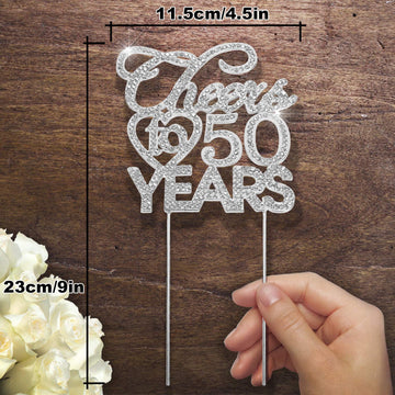 Bling Crystal Cheers To 50 Years Cake Topper - Best Keepsake 50Th Birthday Or Anniversary Decor Party Decorations Silver
