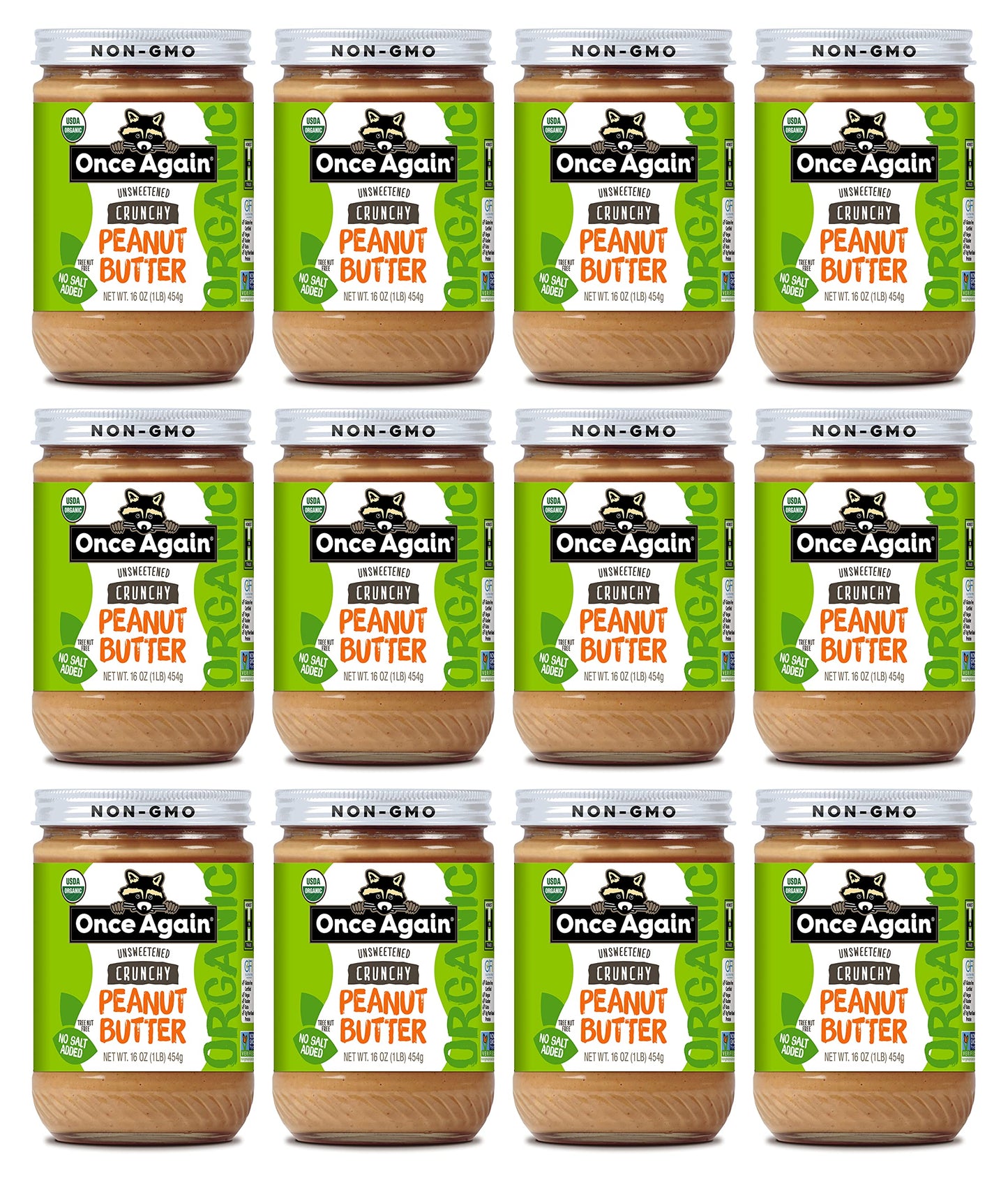 Once Again Organic Crunchy Peanut Butter, 16Oz - Salt Free, Unsweetened - Usda Organic, Gluten Free Certified, Vegan, Kosher - Glass Jar - Case Of 12