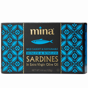 Mina Sardines, Skinless & Boneless Sardines In Extra Virgin Olive Oil, 4.4 Ounce Wild Caught Sardines, Packed By Hand, Low Sodium, High In Protein, Keto, Paleo, Sardines In Olive Oil (Pack Of 12)