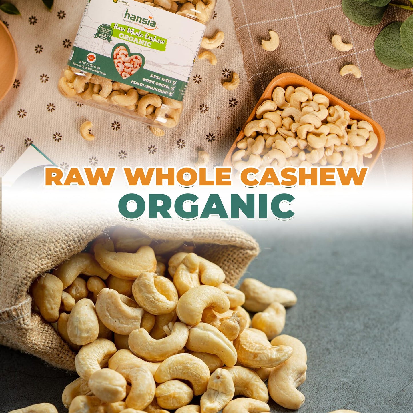 Hansia Raw Whole Cashew Kernels, Unsalted & Unroasted Cashews, Premium Quality For Snacking & Baking & Milk, Source Of Natural F