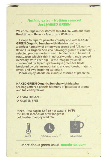 Maeda-En Naked Green Organic Sen-Cha With Matcha 12 Tea Bags Hot Or Cold Drink Green Tea Japanese Origin Individually Wrapped Te