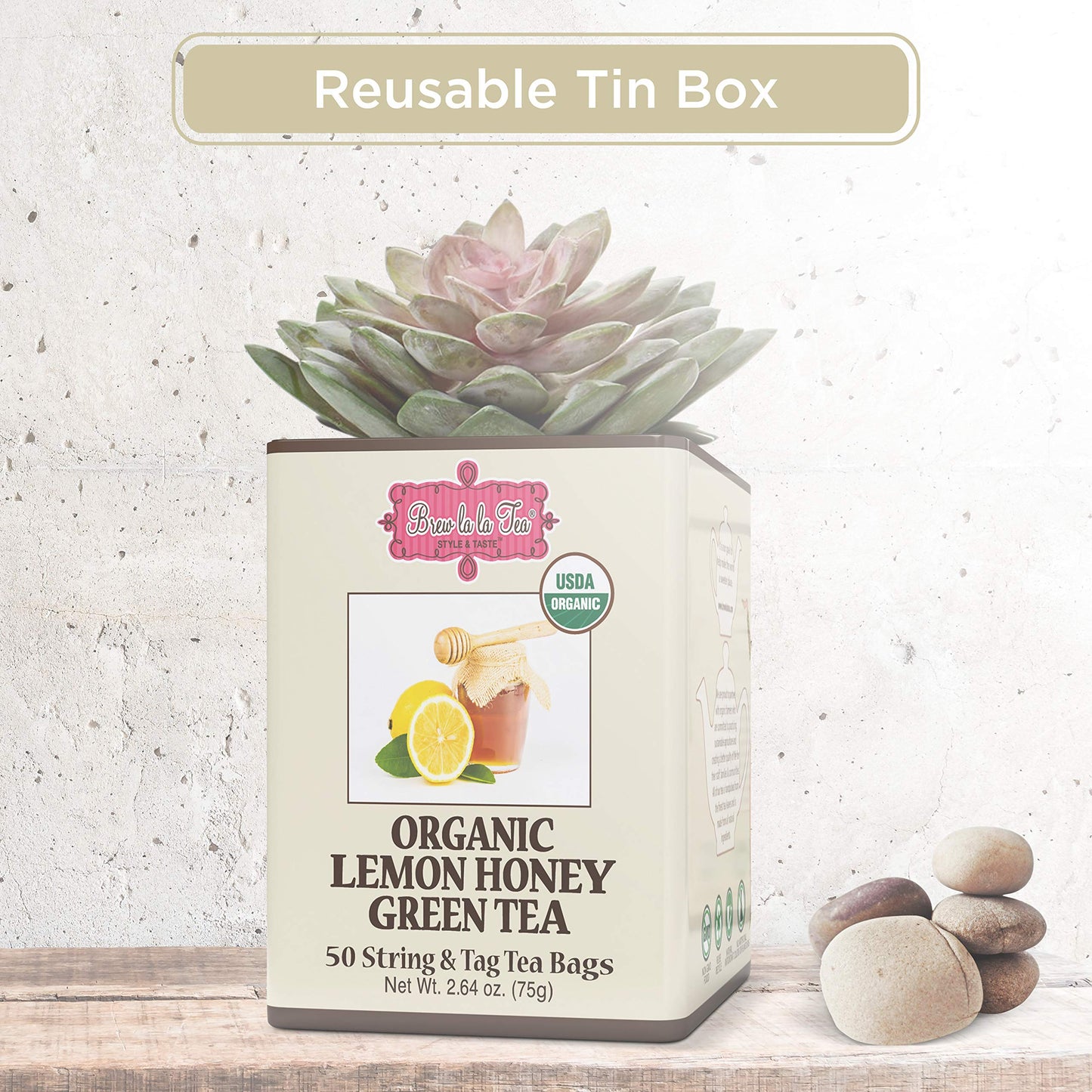 Brew La La Organic Green Tea - Lemon Honey Flavor - 50 Tea Bags - Low Caffeine - USDA Certified Organic