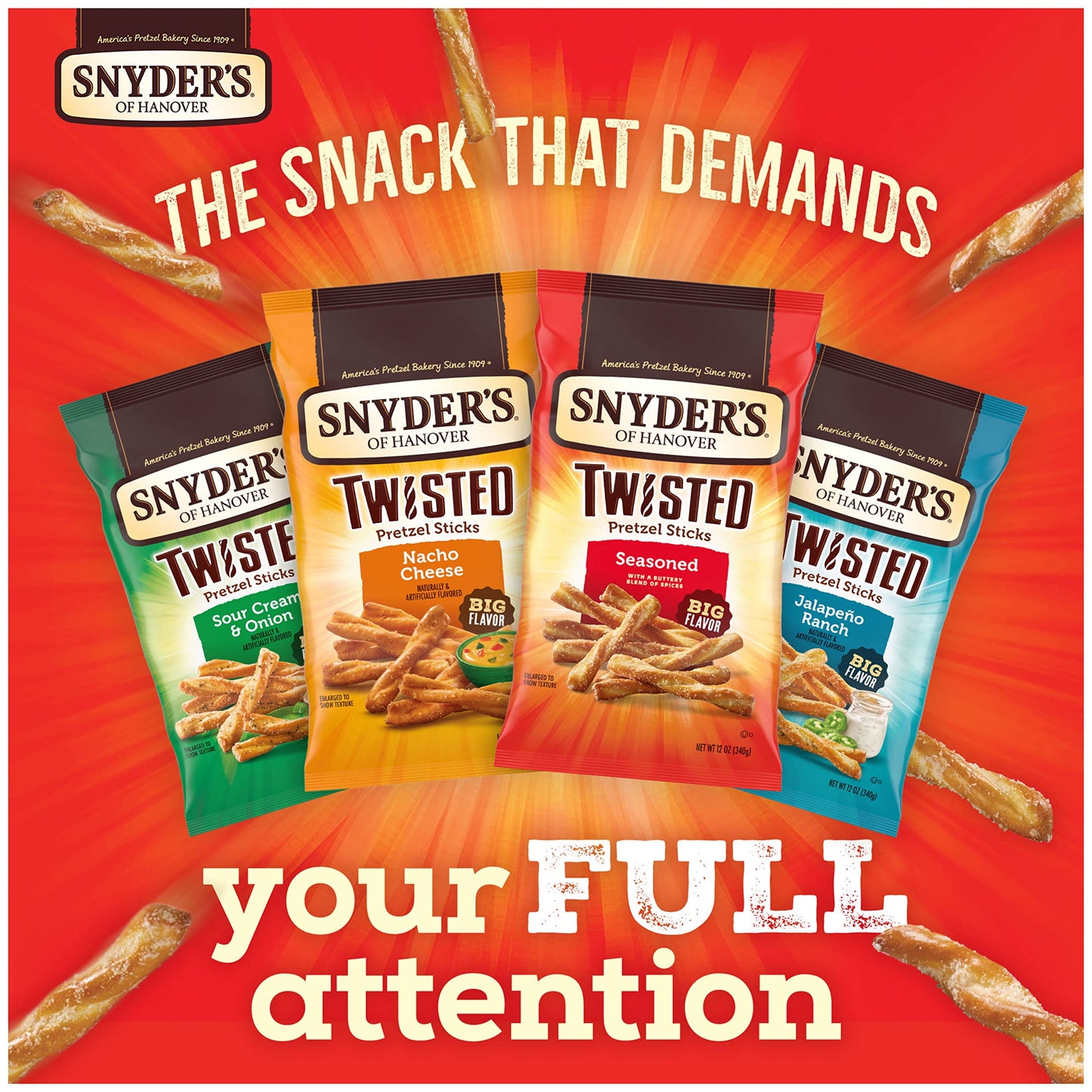 Snyder'S Of Hanover, Seasoned Twisted Pretzel Sticks, 12 Oz Bag