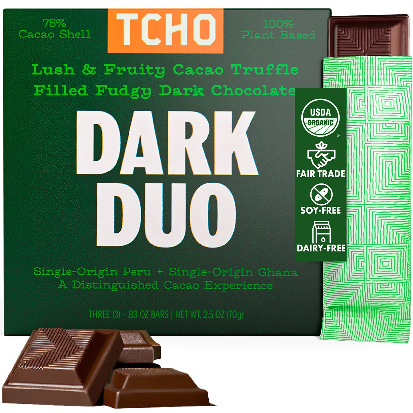 Tcho Dark Duo Dark Chocolate Bars (1 Pack) | Single Origin, Plant Based, Organic & Fair Trade | Non Gmo, Non-Dairy, Vegan, Soy F
