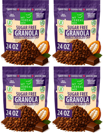 MyCerealMix Sugar Free Double Chocolate Chip Granola - 4 Pack (96oz Total) - Vegan, Gluten Free - Blood Sugar Friendly Breakfast