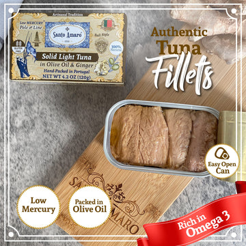 Santo Amaro Artisanal Wild Tuna Fillets in Olive Oil & Ginger, 4.2 oz (Pack of 6), Wild Caught, High Protein, Low Mercury