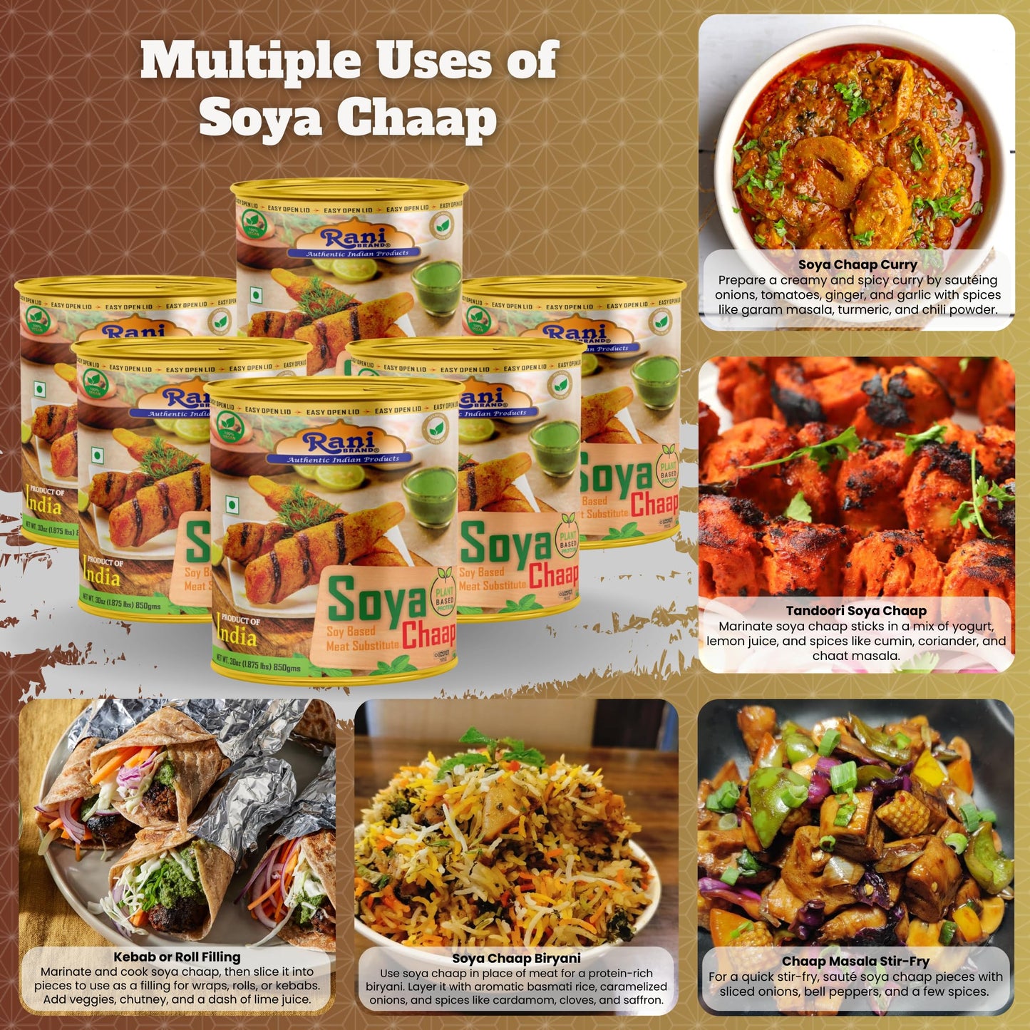 Rani Soya Chaap (Plant Based Protein) 30Oz (1.875Lbs) 850G, Pack Of 6 ~ Easy Open Lid | All Natural | Vegan | No Colors | Non-Gm