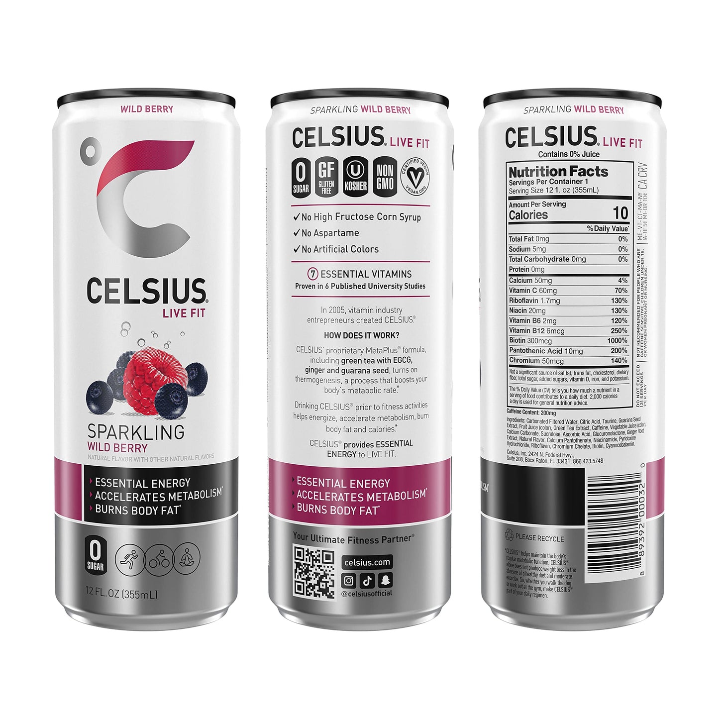 Celsius Sparkling Wild Berry Energy Drink, 12 Fl Oz Cans, 4 Pack