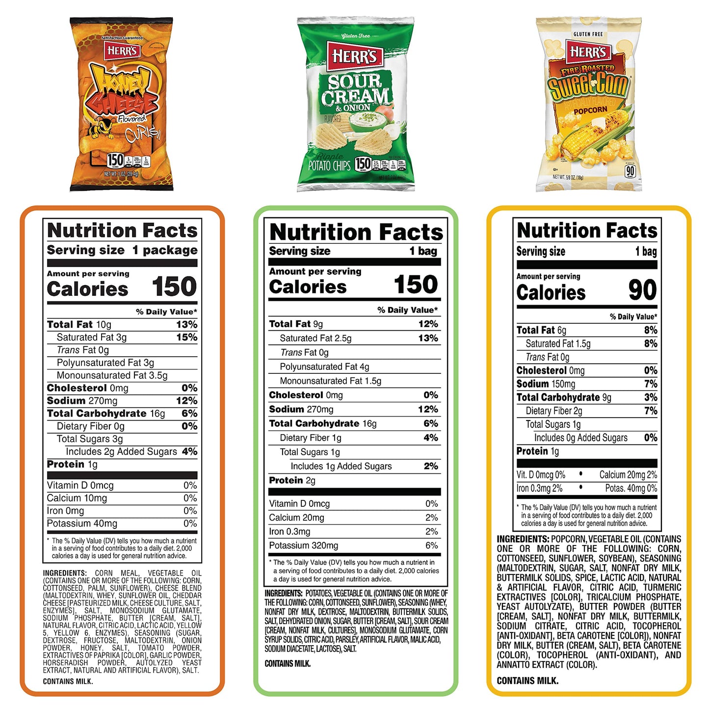 Herrs Snacks Variety Pack, Potato Chips, Pretzels, Popcorn, Cheese Curls, 1Oz Bag (36 Count)