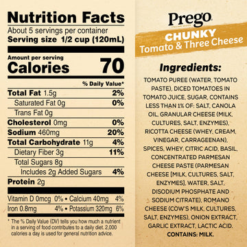 Prego Chunky Tomato And Three Cheese Pasta Sauce, 23.75 Oz Jar