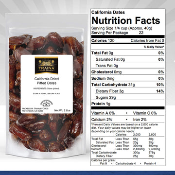 Traina Home Grown California Dried Pitted Dates - Healthy, No Added Sugar, Non Gmo, Kosher Certified, Vegan, Packed In Resealable Pouch (2 Lbs)