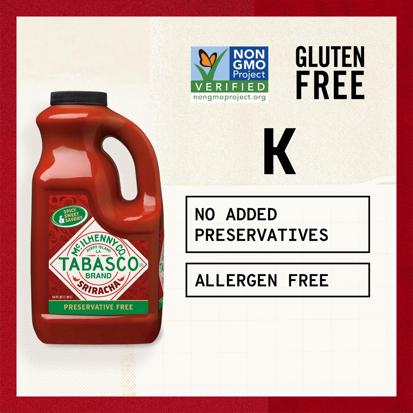Tabasco Brand Sriracha Hot Sauce, Medium Heat, Bulk Plastic Jug, Thai-Style With Louisiana Twist, Rich & Bold, Perfect For Large