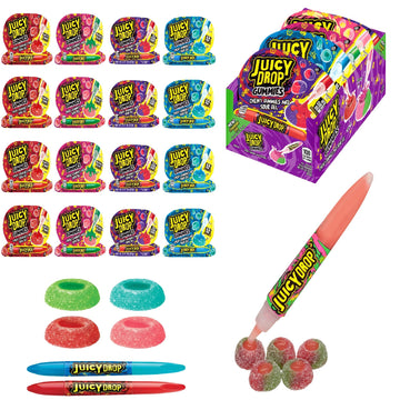 Juicy Drop Gummies Variety Pack, Assorted Sweet Chewy Halloween Candy with Sour Gel Pen - 16 Count Sweet & Sour Candy with Fruit
