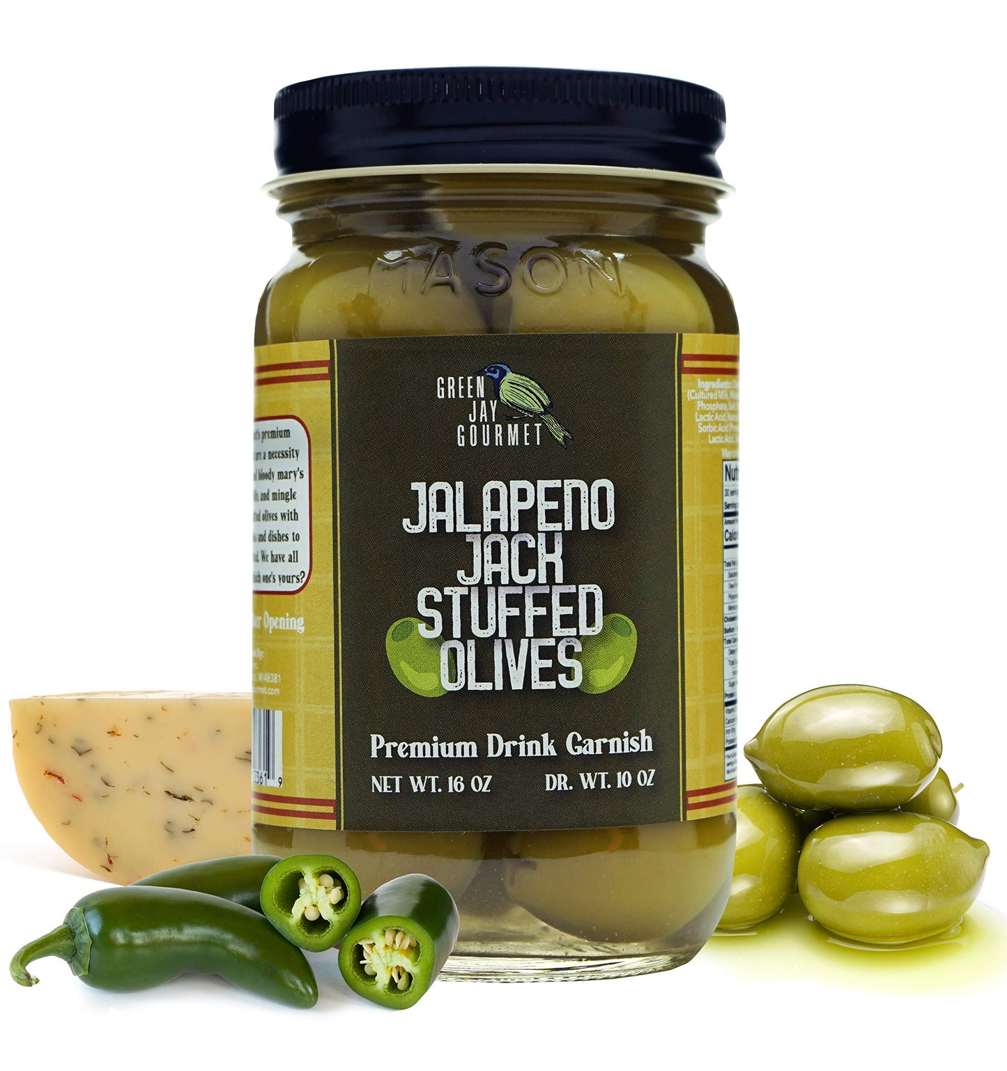 Green Jay Gourmet Jalapeo Jack Cheese Stuffed Olives - Cheese Stuffed Green Olives For Mixed Flavor Garnish & Cheese Board - Dirty Beverage-Style Olives - Gourmet Olives - All Natural - Large - 16 Ounces