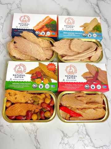 Natural Catch Tuna Filets Variety Pack Hand Cut Pole & Line Caught 130 Calories Gluten-Free Paleo Keto Friendly enhanced Yellowfin & Albacore Tuna in Extra Virgin Olive Oil (4.4 oz per can- Pack of 12) (Variety)