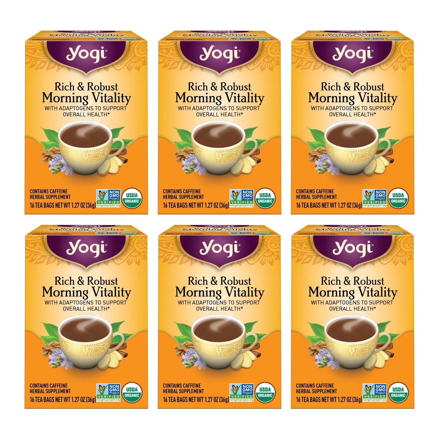 Yogi Tea Rich & Robust Morning Vitality - 16 Bags per Pack (6 Packs) - Organic Adaptogen Tea Perfect for the Morning - Includes