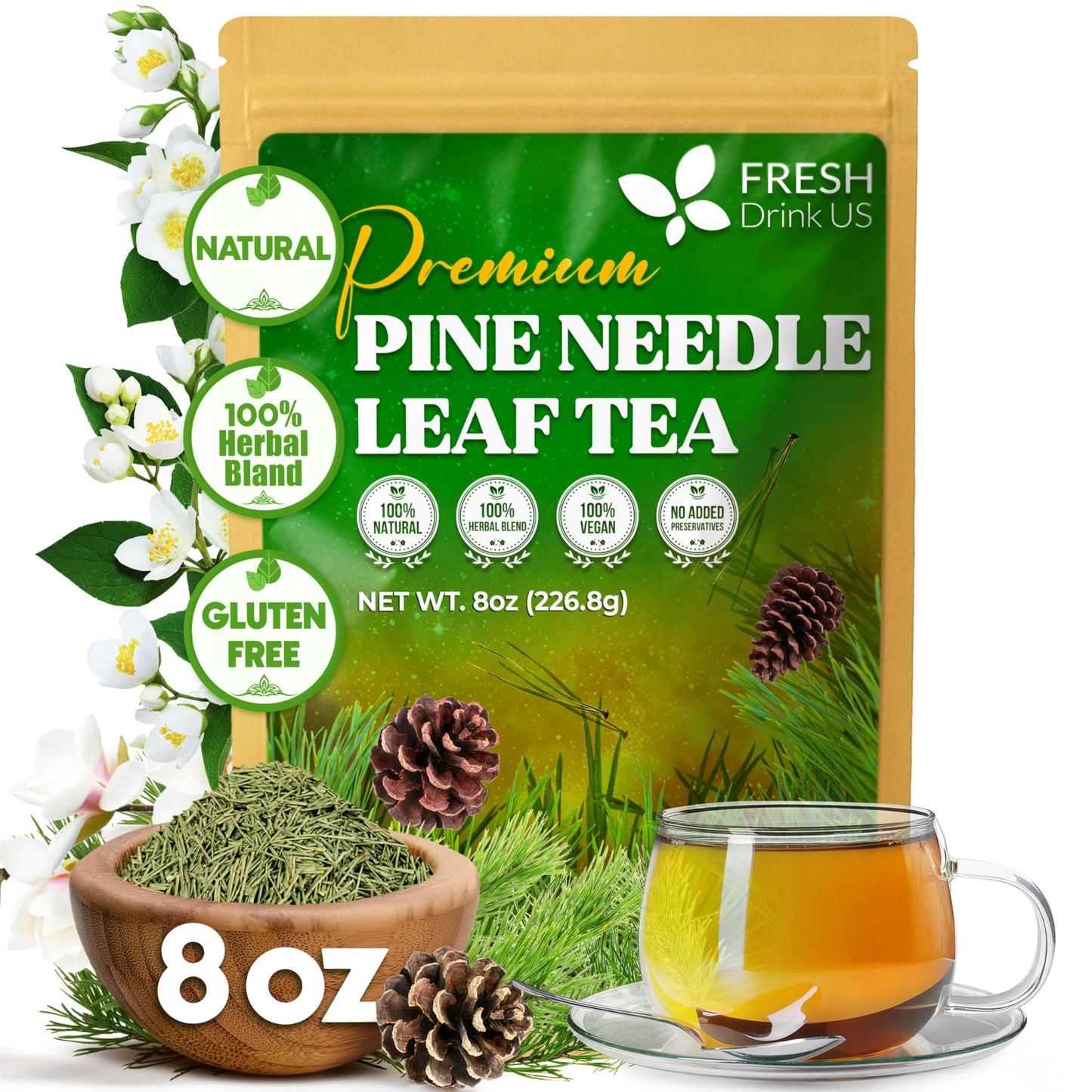 Freshdrinkus Top-Grade 8Oz Pine Needle Leaves Herbal Tea - Dried Loose Leaf Pine Needles - Naturally Fresh & Aromatic Energy Blend-Free Herbal Tea. Sugar-Free. Vegan