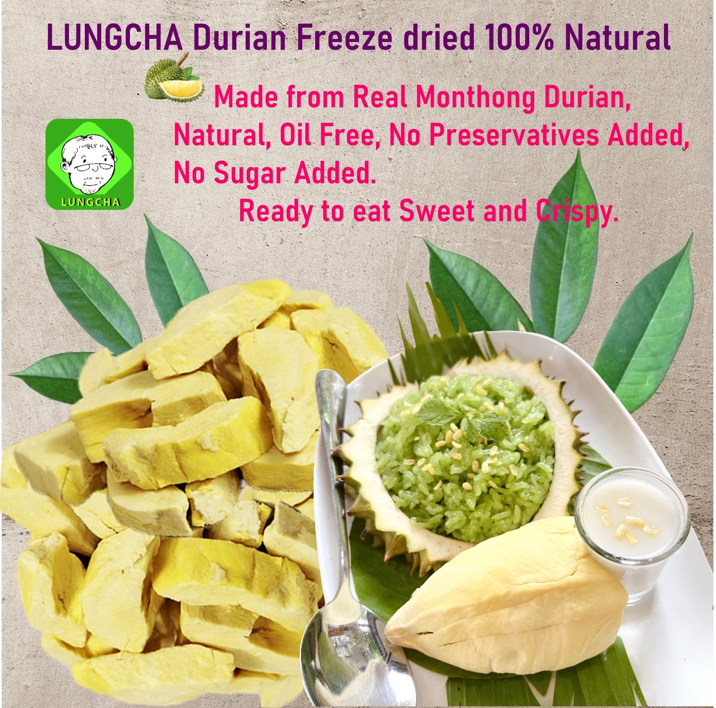 Durian King Of Fruit Vacuum Freeze Dried Fresh Durian Monthong Made From Real Fruit 50 Gram Or 1.75 Ounce Pack Of 2