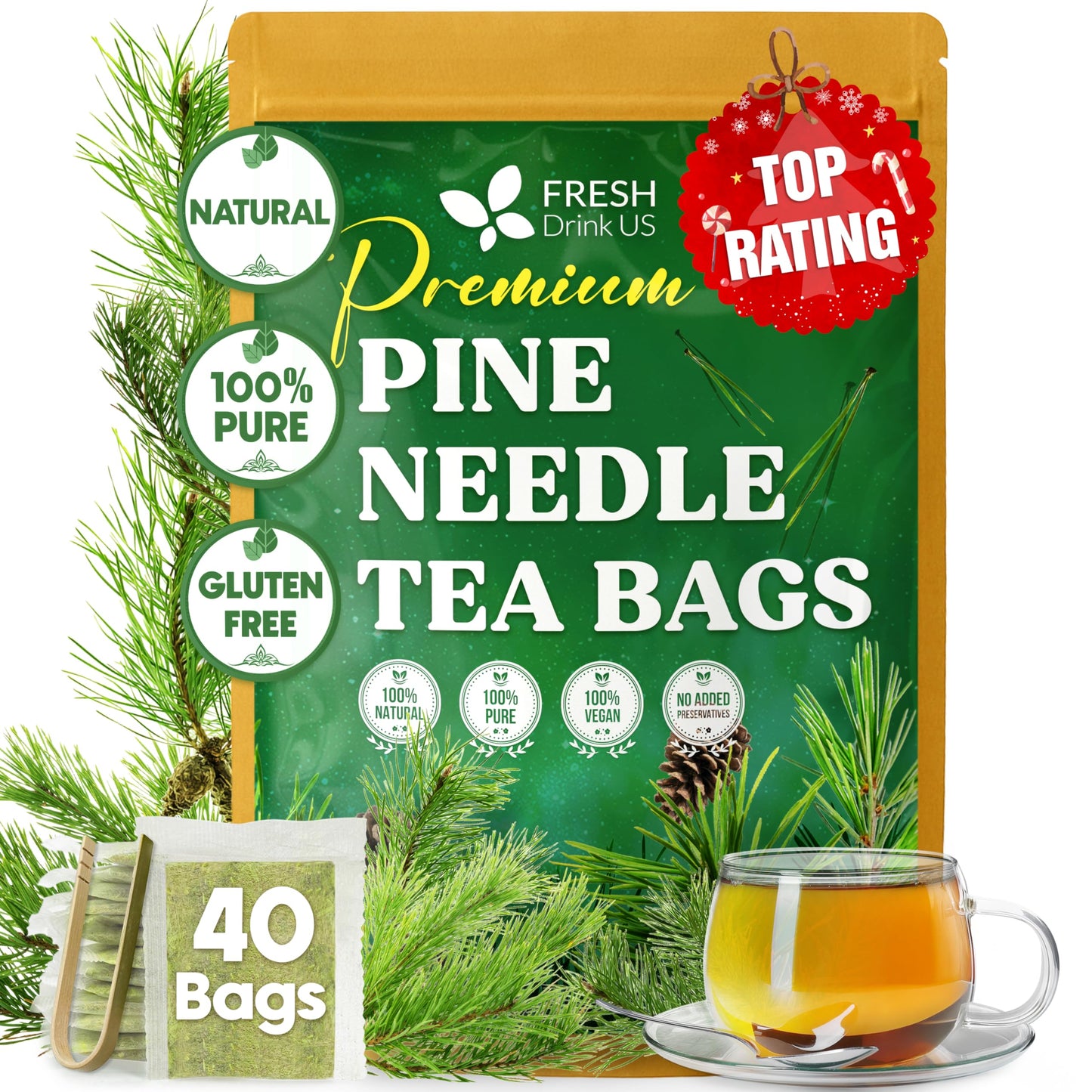 Freshdrinkus Pine Needle Tea Bags - 40 Tea Bags Naturally Energy Blend-Free Refreshing Herbal Tea Wild-Harvested Pine Leaves Aromatic And Soothing - Non-Gmo & Eco-Friendly Packaflavor Blendg