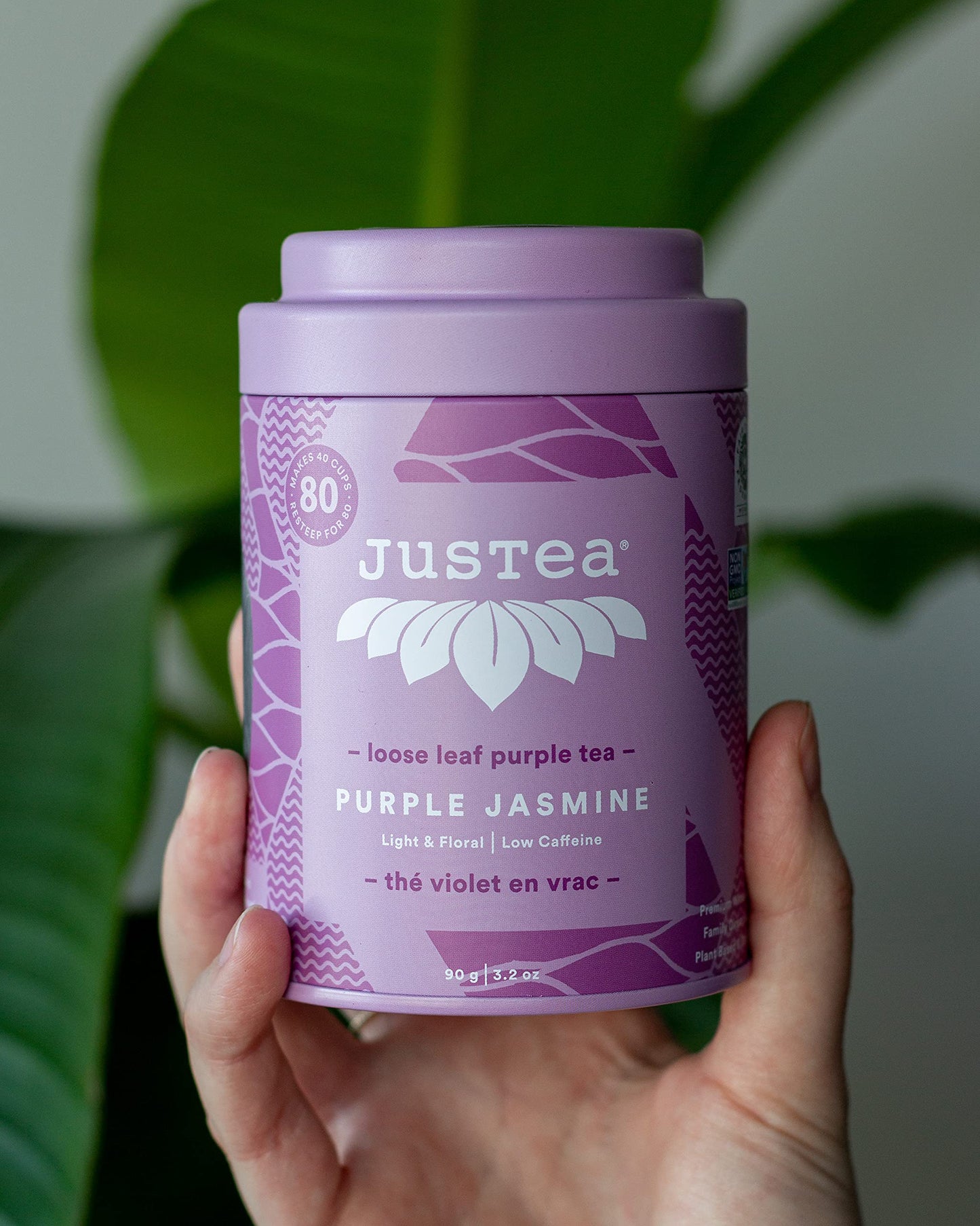 JusTea Loose Leaf Purple Tea - Purple Jasmine, 3.2oz, Low Caffeine, Fair Trade, Non-GMO, Includes Hand Carved Spoon