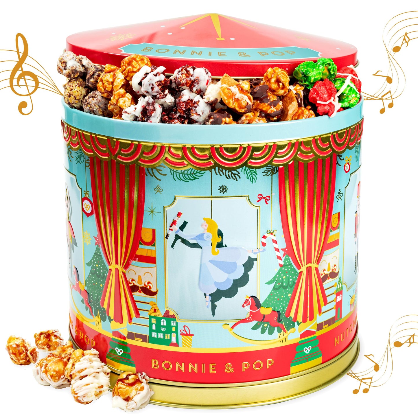 Christmas Popcorn Gift Tin - Gourmet Food Gifts - Plays Music - Chocolate & Popcorn Gift Tin, Holiday Basket - Nut er Suite- Bonnie and Pop