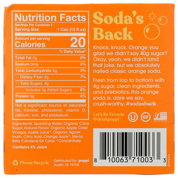 Poppi Prebiotic Soda 4 Pack - 12 Fl Oz, Orange Flavor, Model 0810063710033
