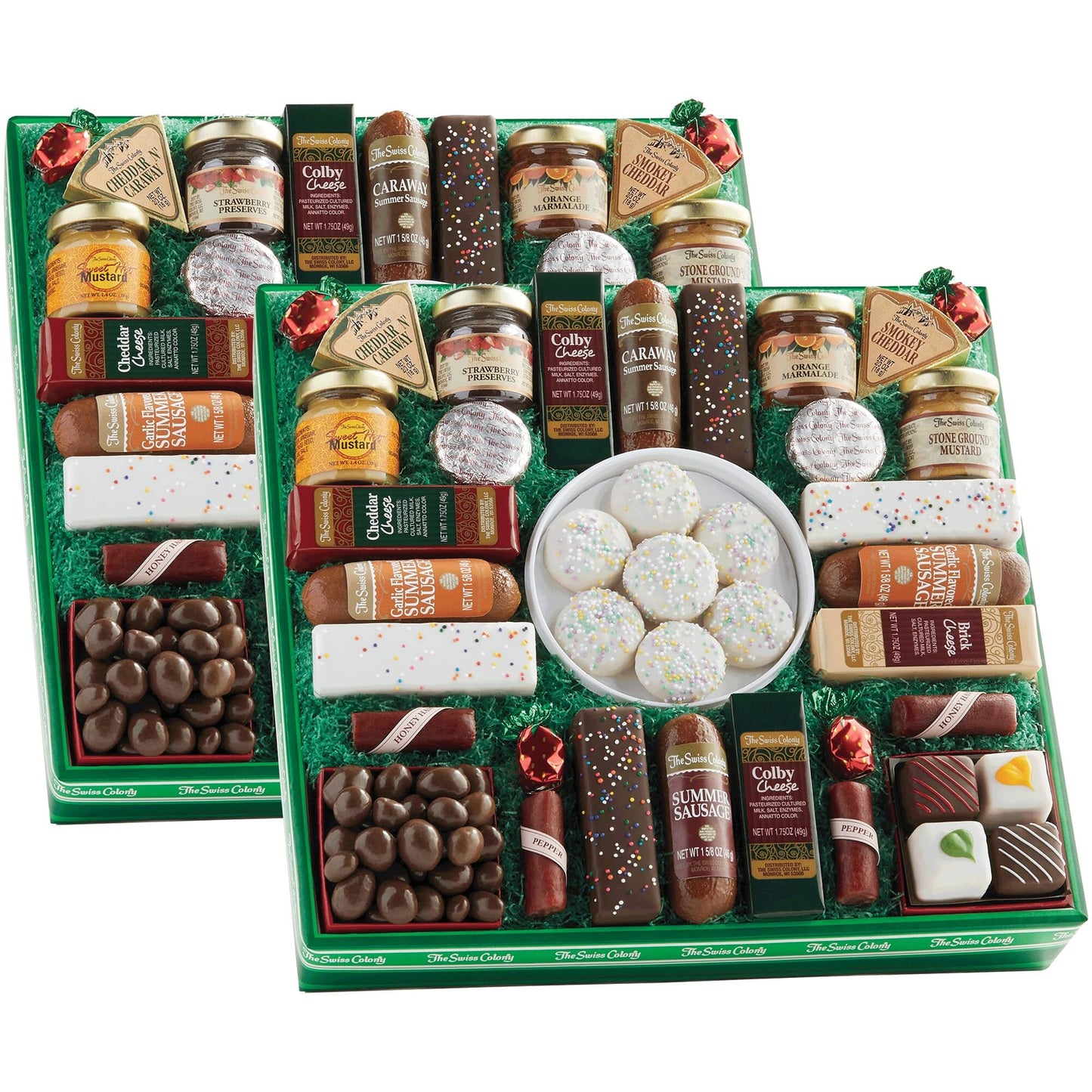 2 Gift Boxes - The Swiss Colony 27 Spring Favorites Food Gift Set Summer Sausage Meats And Cheeses Gift Basket Cheese For Charcuterie Board Holiday Thank You Gifts 18+ Uses Women Men