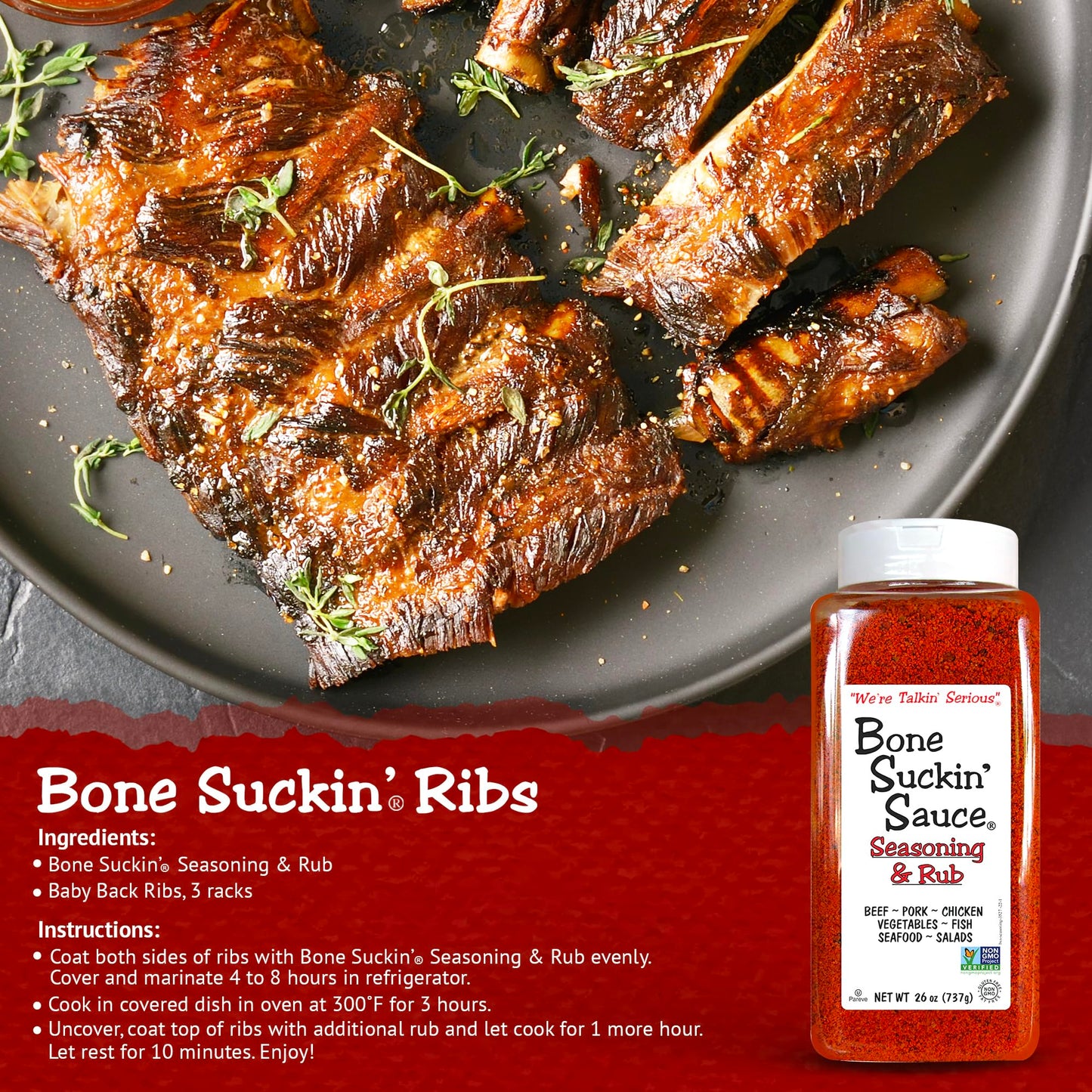 Bone Suckin' Seasoning & Rub, Original Blend, 26 Oz - Grilling Rubs, Dry Pork Rub, Gluten-Free, Non-Gmo, Kosher, Great On Ribs,