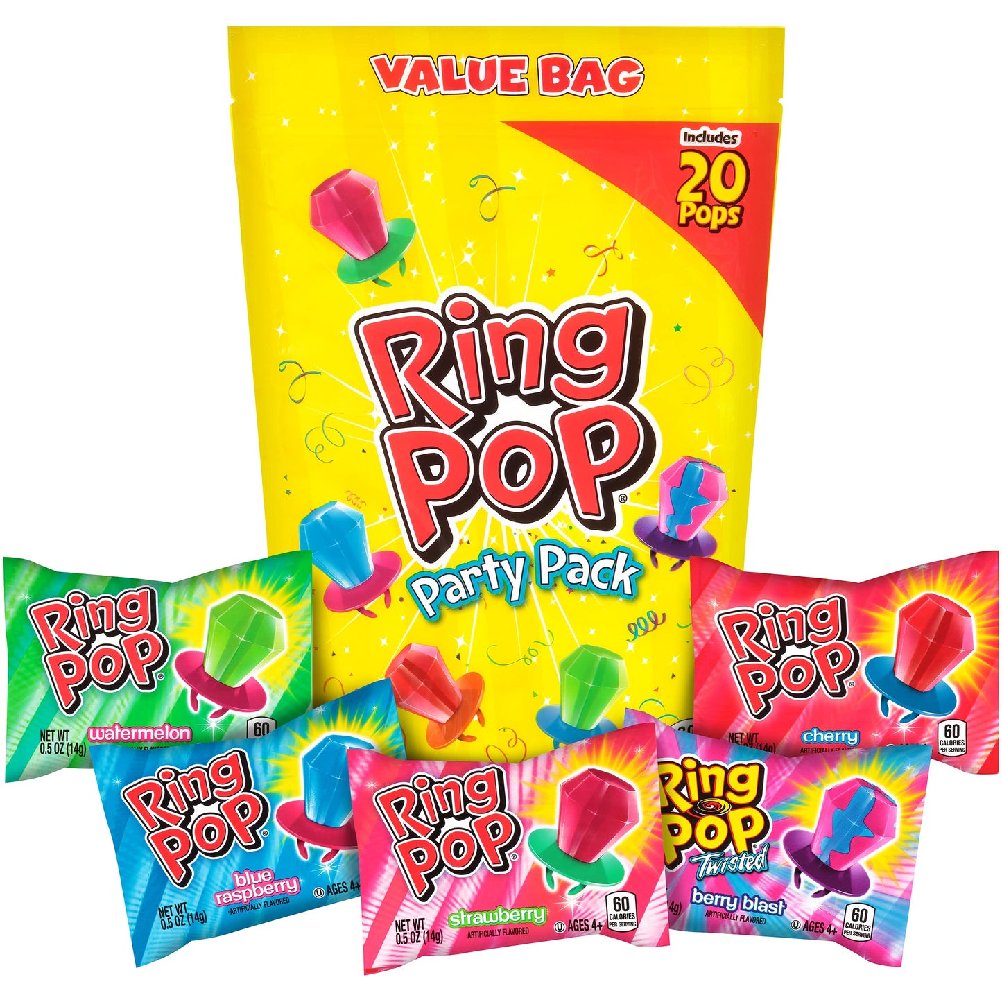 Ring Pop Individually Wrapped Bulk Lollipop- Variety Party Pack, 20 Lollipops Per Bag (Case Of 12 Bags)