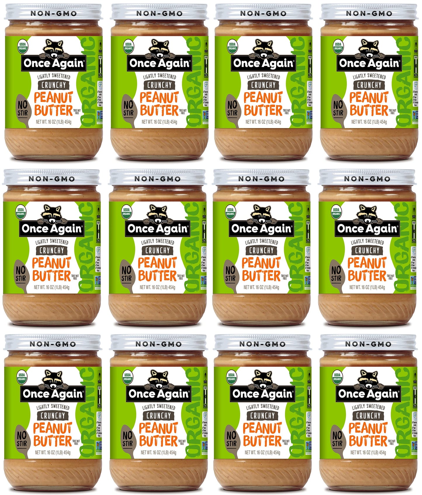 Once Again Organic Crunchy Peanut Butter, 16oz - No Stir - Lightly Sweetened & Salted - USDA Organic, Gluten Free Certified, Veg