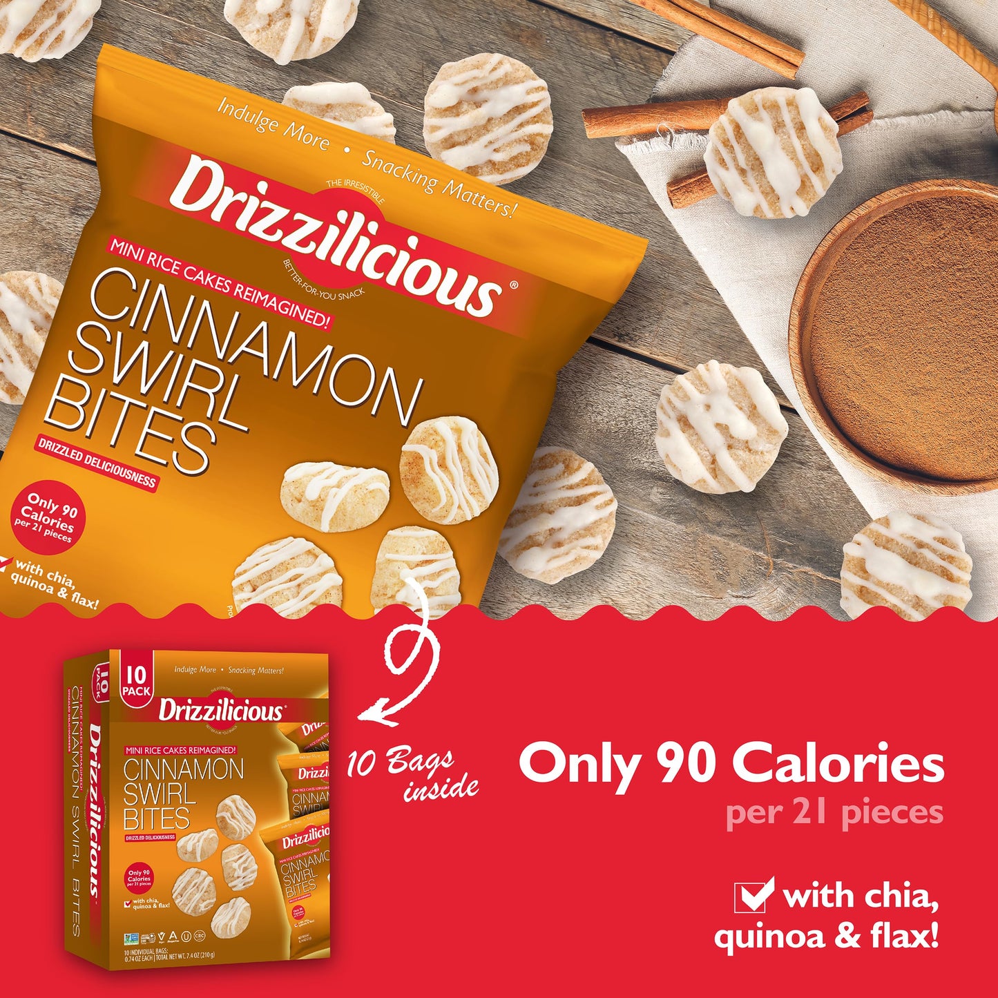 Drizzilicious Mini Rice Cakes, Cinnamon Swirl, Vegan, Gluten Free, 0.74 oz (Pack of 10)