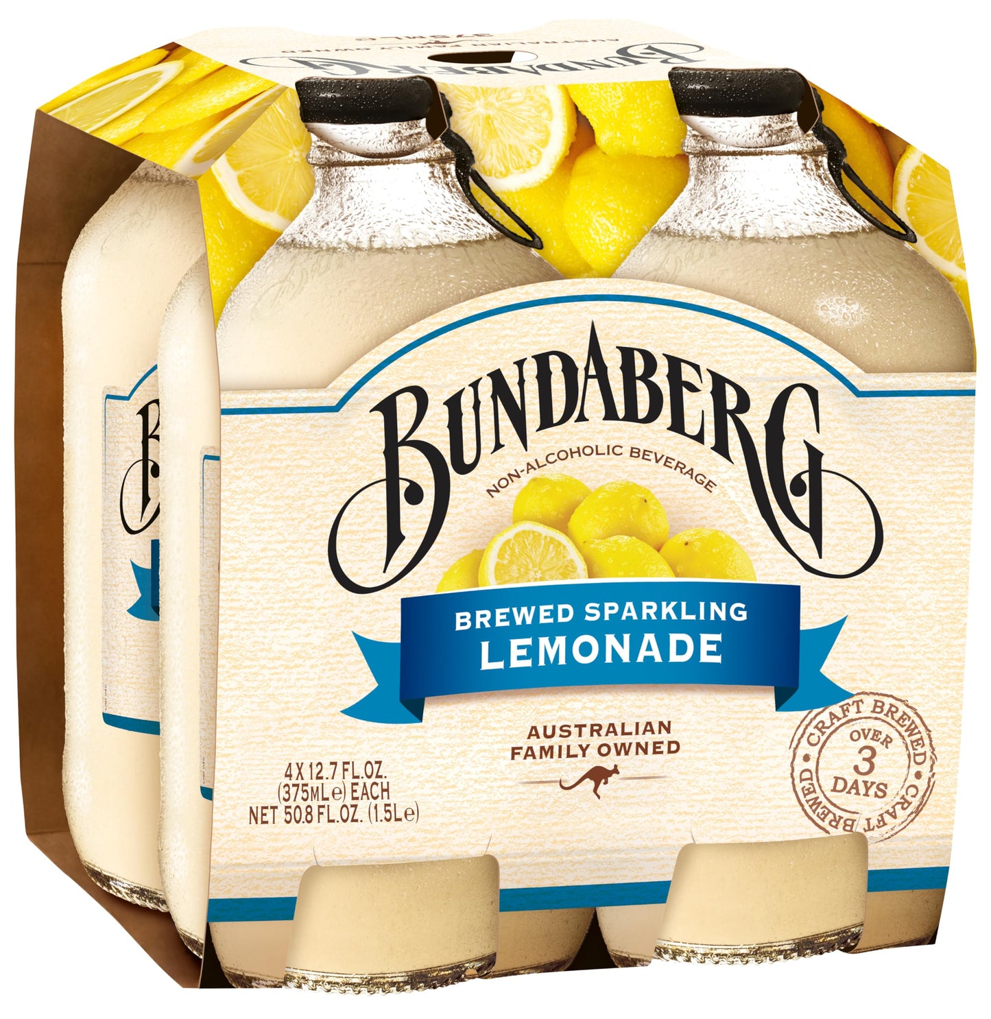 Bundaberg Sparkling Fruit Drink, Lemonade, 12.7 Fl Oz Bottles, Pack of 4