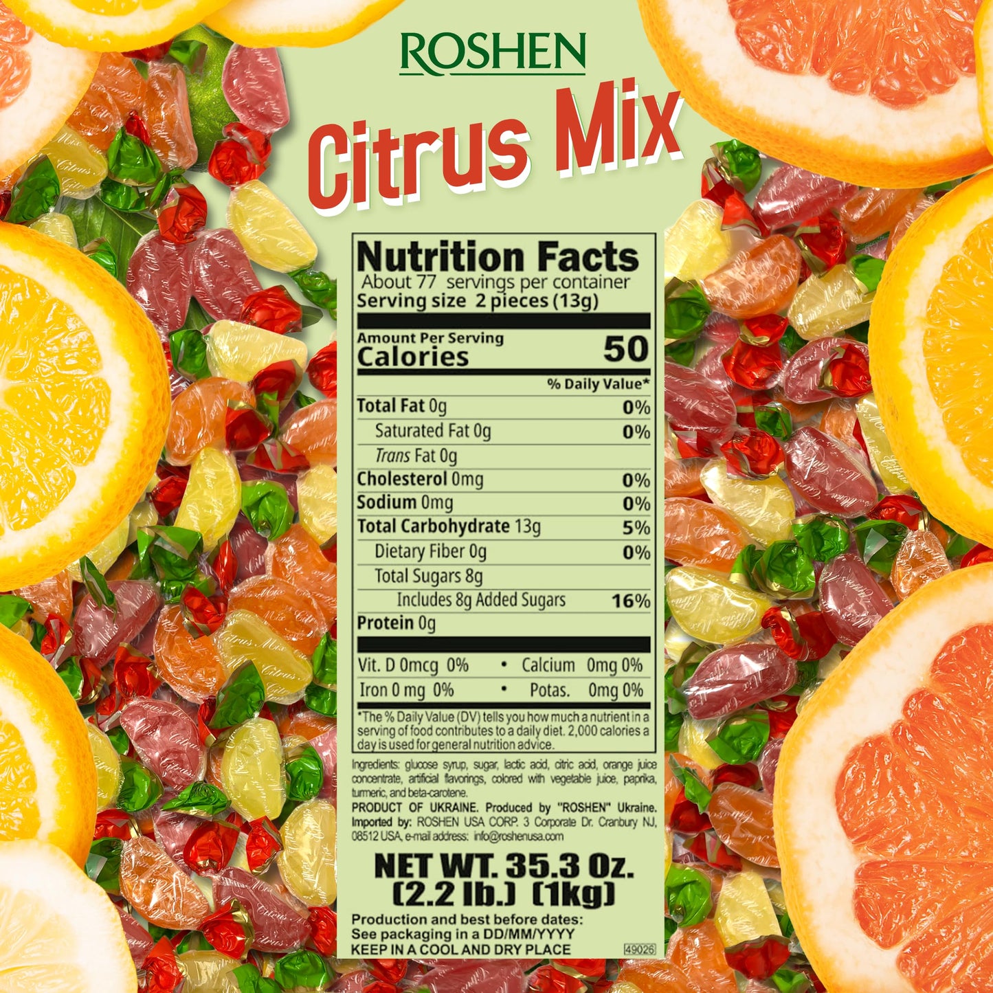 Roshen Citrus Mix Hard Candy - Assorted Fruit Flavors Individually Wrapped Bulk 2.2 lbs (1 kg) - Approx. 144 Pieces - Orange Lemon & Gfruit - Kosher Halal Made with Real Fruit Juice
