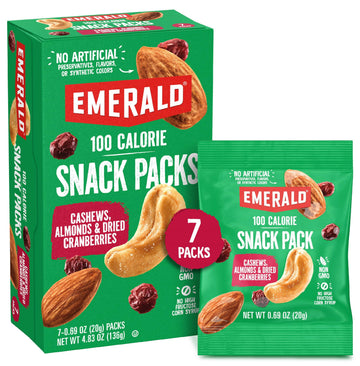 Emerald Nuts Cashews and Almonds with Dried Cranberries 7 Ct (1-Pack) | 100-Calorie Individual Packs of Nut Blend and Dried Frui