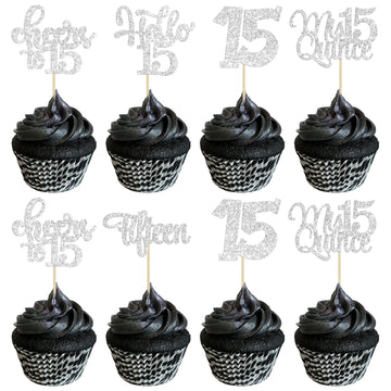 30Pcs 15Th Birthday Cupcake Toppers Fifteen Cupcake Picks Cheers To 15 Years Old Mis Quince 15 Cake Decorations For 15Th Birthda