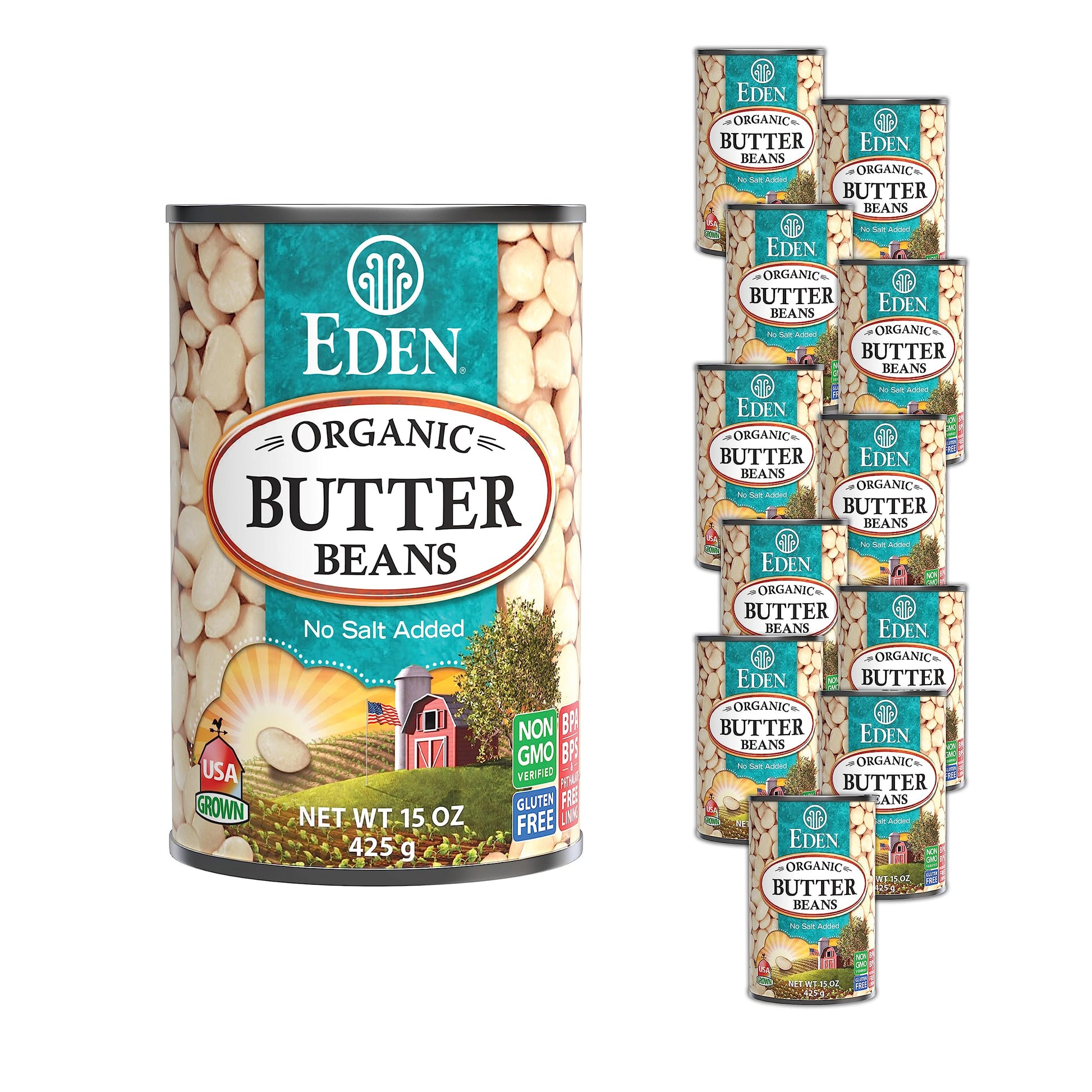 Eden Organic Butter Beans, (Baby Lima Beans), No Salt Added, USA Grown, Non GMO, 15 oz (12-Pack)