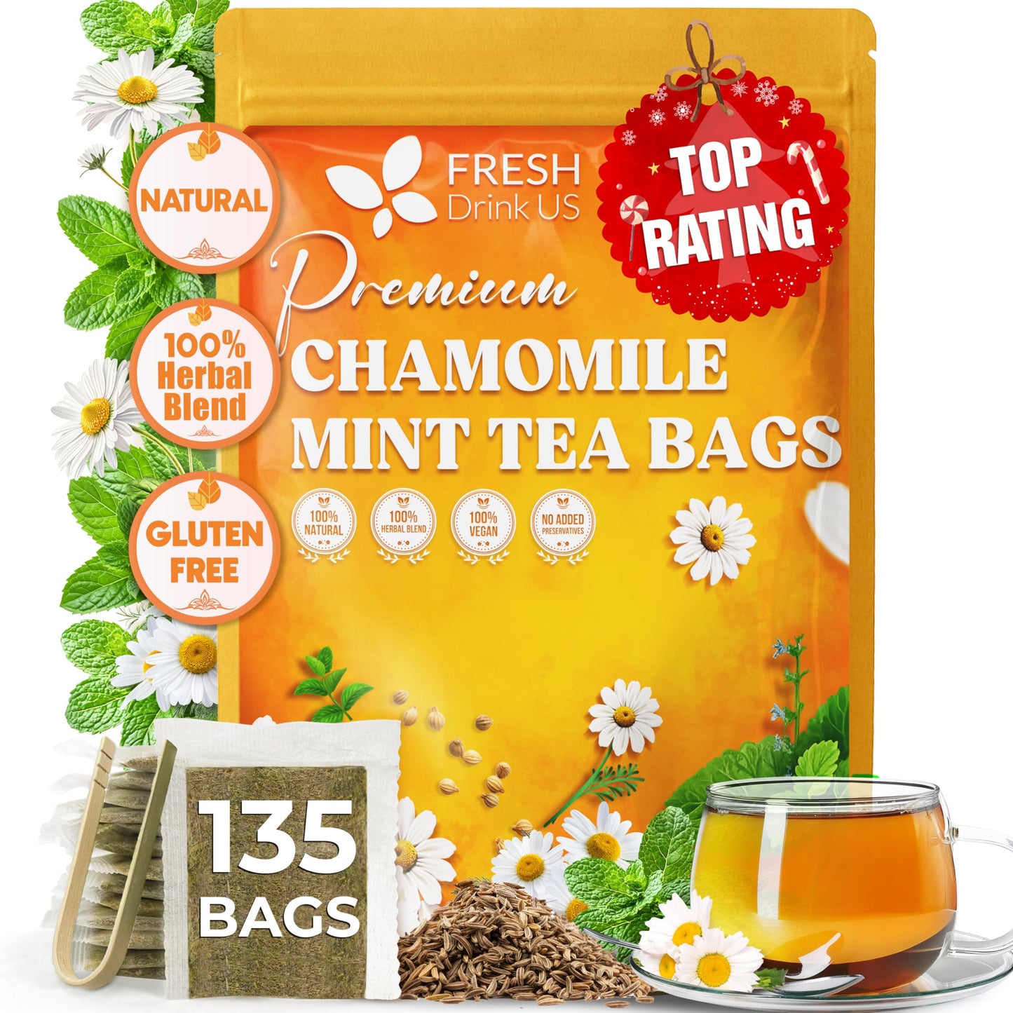 Freshdrinkus Chamomile Mint Tea Bags | 135 Count | Refreshing Herbal Blend Of Chamomile Flower Peppermint Lemon Balm & Other Herbs - Smooth Floral & Minty Flavor - Top-Grade Quality Energy Blend-Free