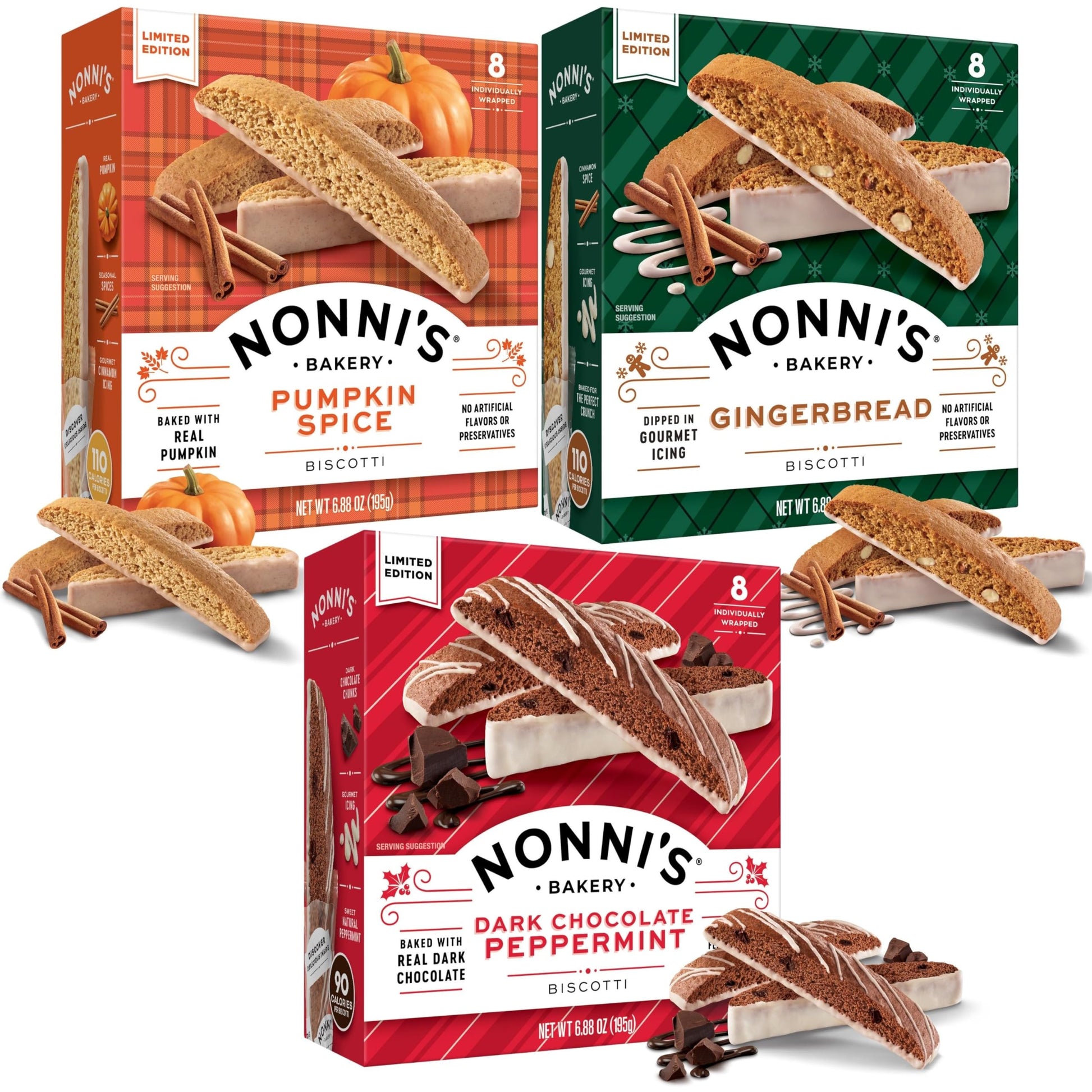 Nonnis Holiday Italian Biscotti Cookies - 3 Boxes Christmas Cookies - Dark Chocolate Peppermint Cookies, Gingerbread Cookies &