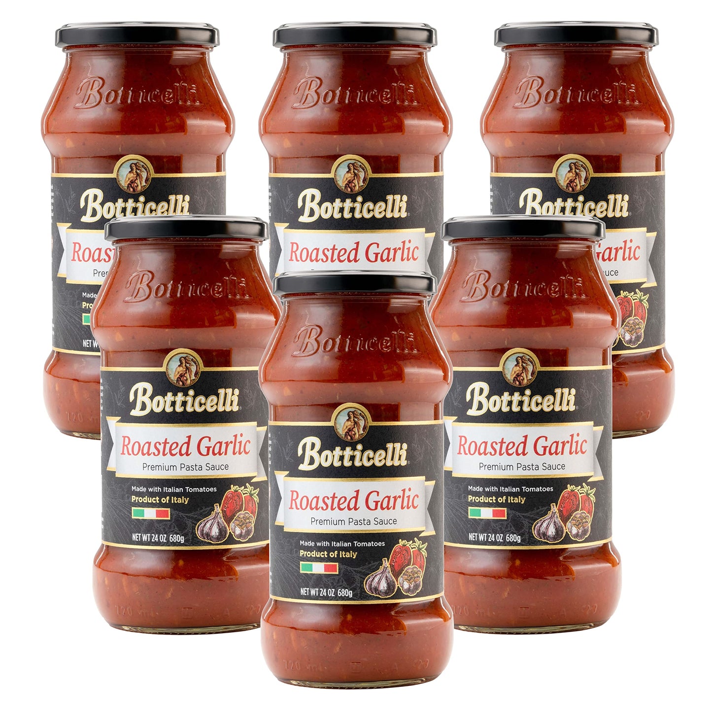 Roasted Garlic Premium Italian Pasta Sauce By Botticelli, 24Oz Jars (Pack Of 6) - Product Of Italy - Gluten-Free - No Added Sugar, Artificial Colors, Flavors, Or Preservatives