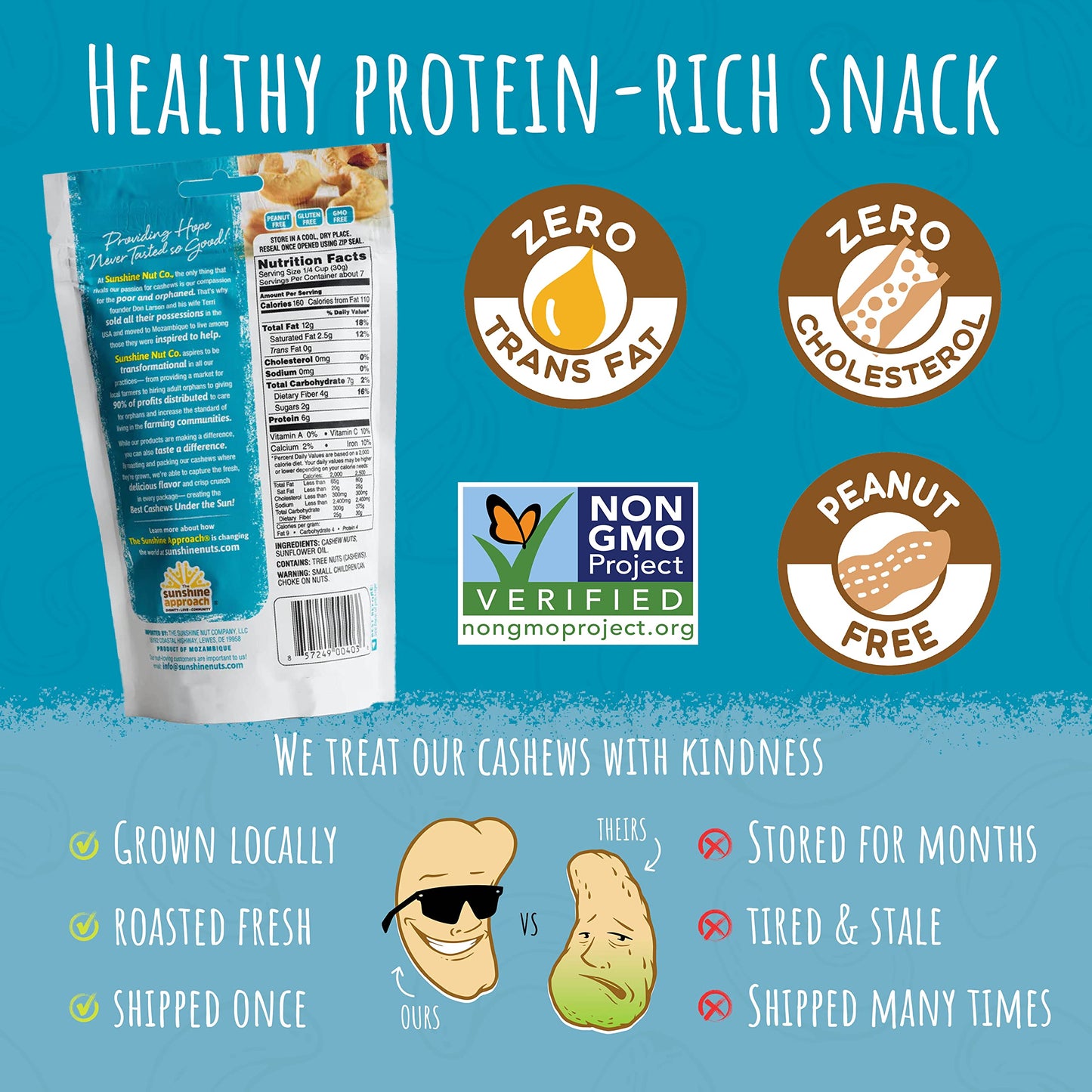 Sunshine Nut Co. Whole Roasted Cashews, Perfectly Plain Flavor, No Added Salt, 6 Pack, 7 Oz. Each, Gluten Free, Peanut Free And Vegan Individual Snack Packs For Kids And Adults, Gmo Free