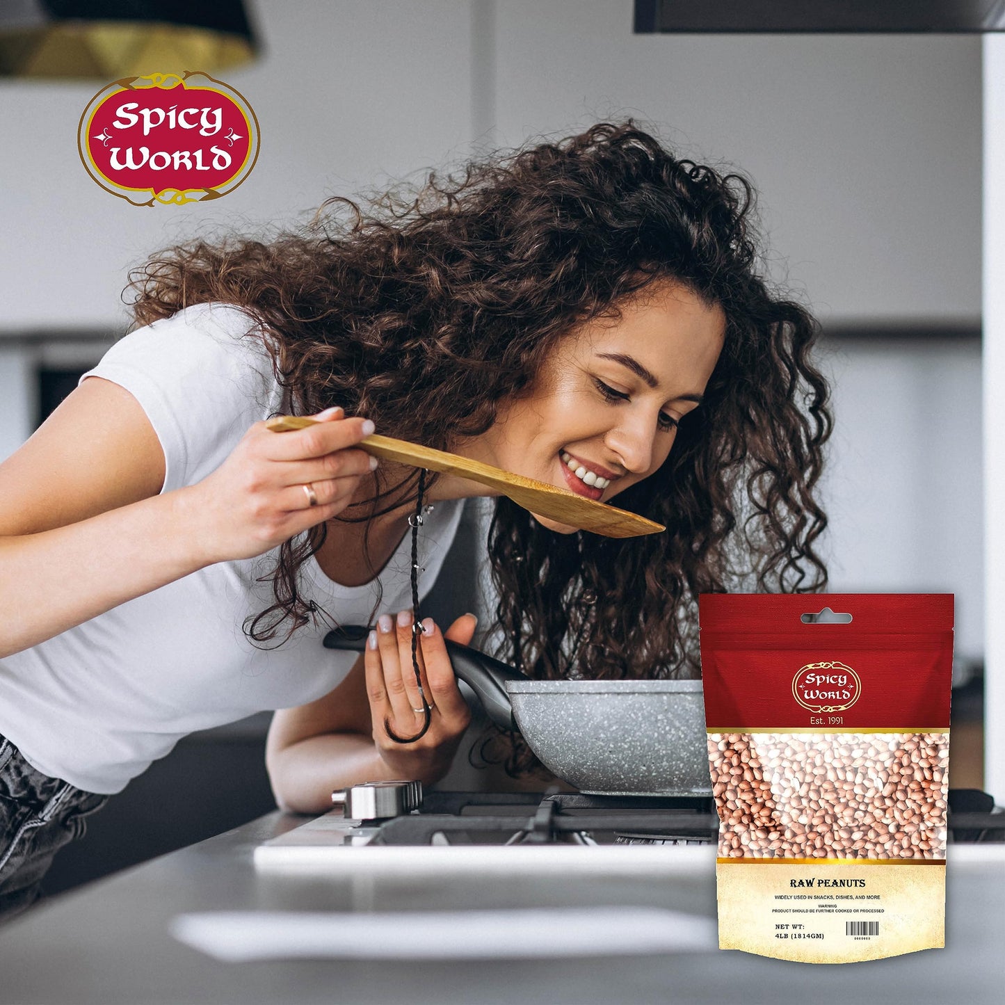 Spicy World Peanuts, Raw Whole With Skin (Uncooked, Unsalted) 4 Pound (64Oz) ~ All Natural - Usa Grown Red Skin Spanish Grade