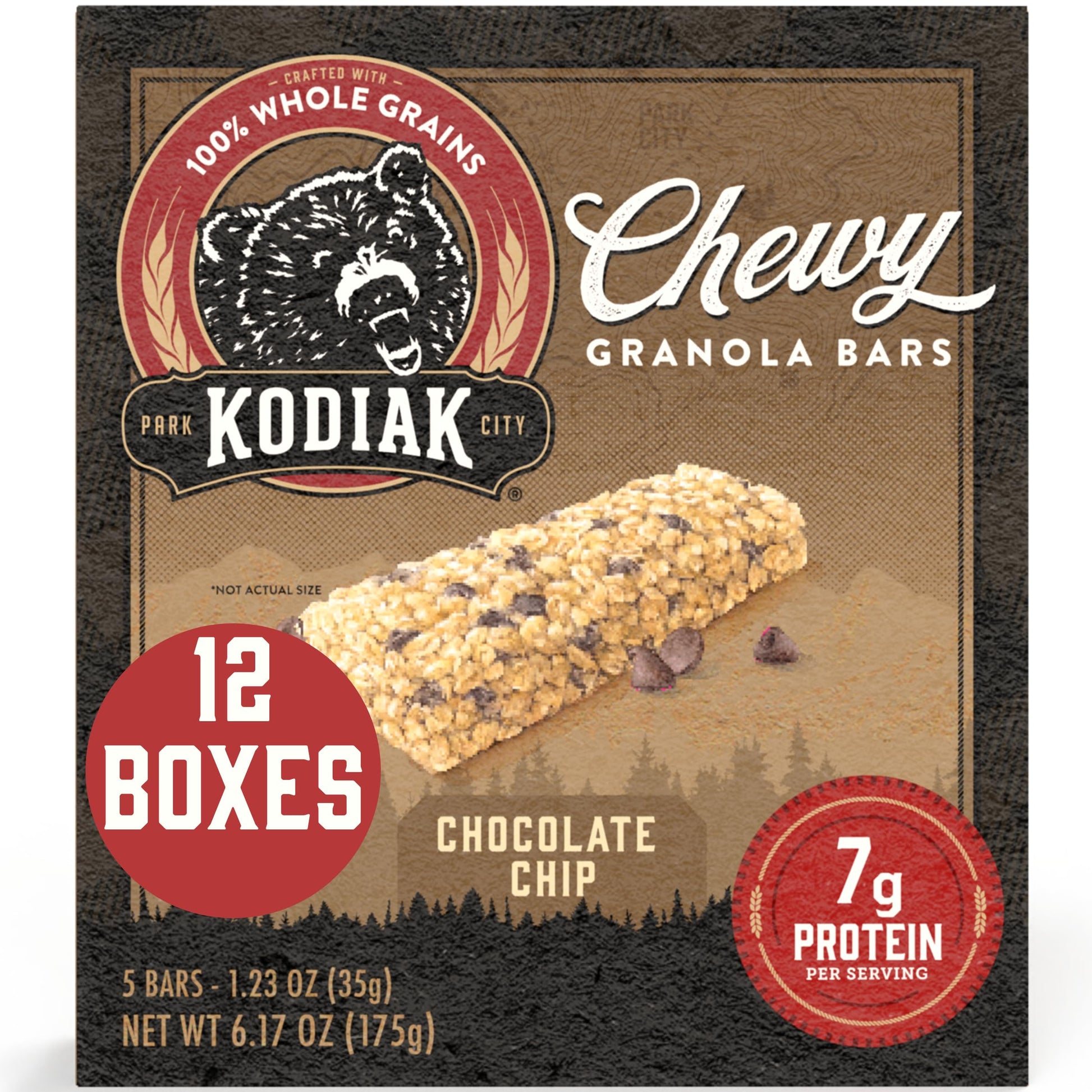 Kodiak Cakes Chewy Granola Snack Bars, Chocolate Chip, High Protein, 100% Whole Grains, 12 boxes with 5 bars each (60 bars total