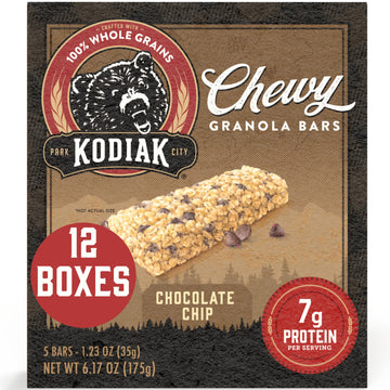 Kodiak Cakes Chewy Granola Snack Bars, Chocolate Chip, High Protein, 100% Whole Grains, 12 boxes with 5 bars each (60 bars total