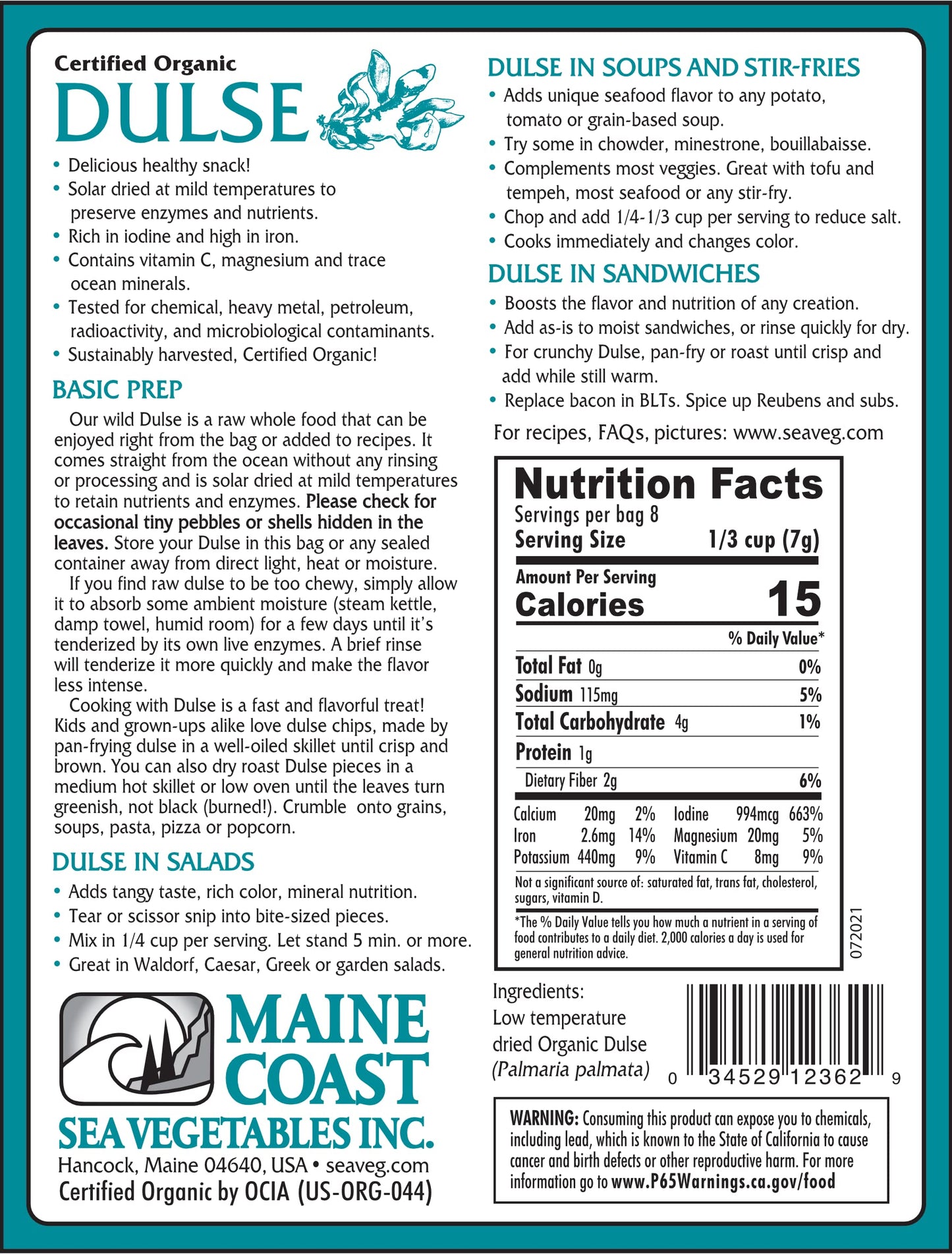 Dulse Whole Leaf 2 oz Bag - Wild Atlantic - Organic Seaweed