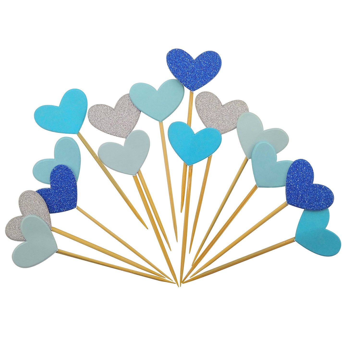 GUCUJI Cupcake Toppers Set, 30Pcs Funny Blue Heart DIY Glitter Picks for Birthday, Wedding, Baby Shower Decorations