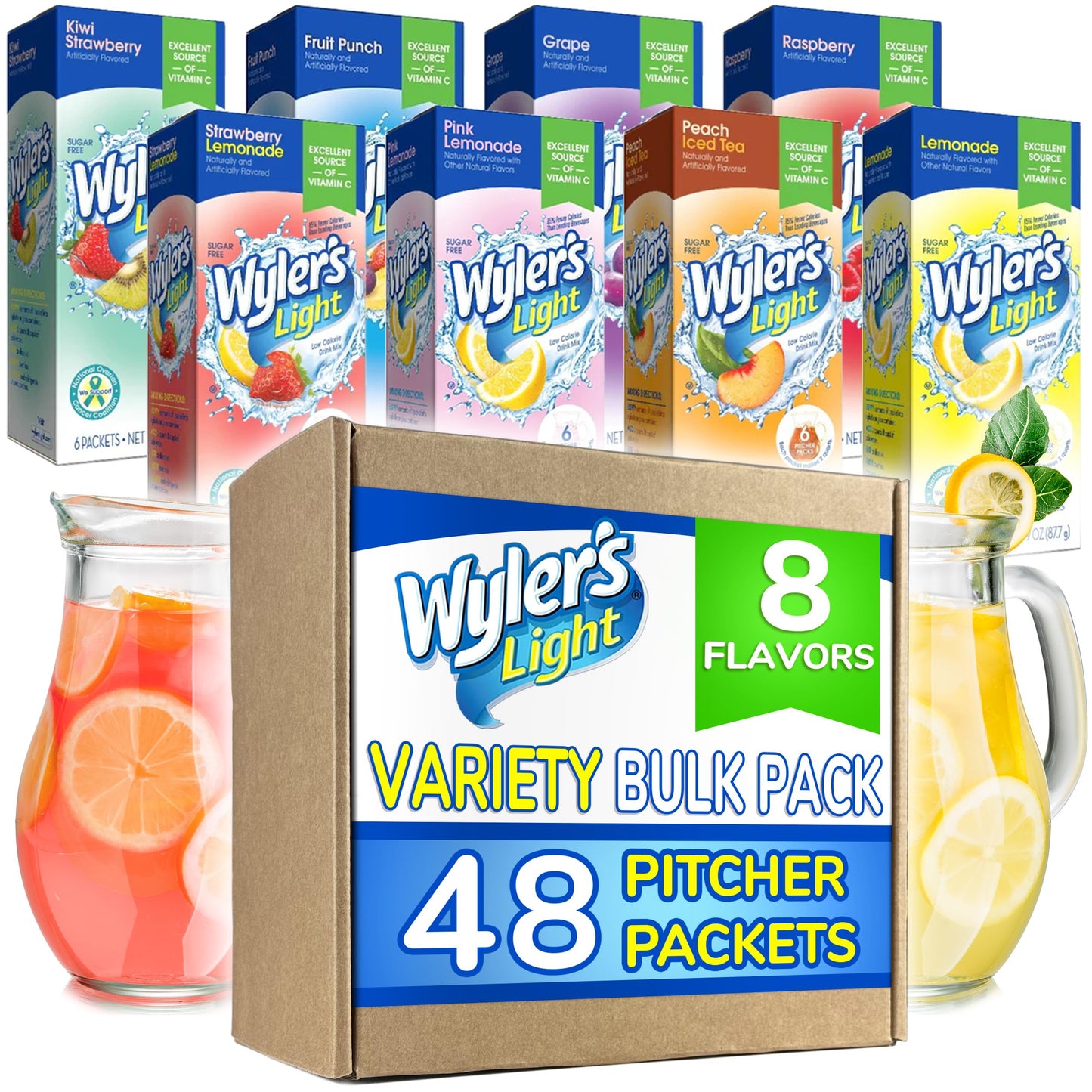 Wylers Light Drink Mix Packets - 8 Pitcher Packs - Lemonade, Kiwi Strawberry, Pink Lemonade, Fruit Punch, Raspberry, Strawberry, Grape, Peach Iced Tea -