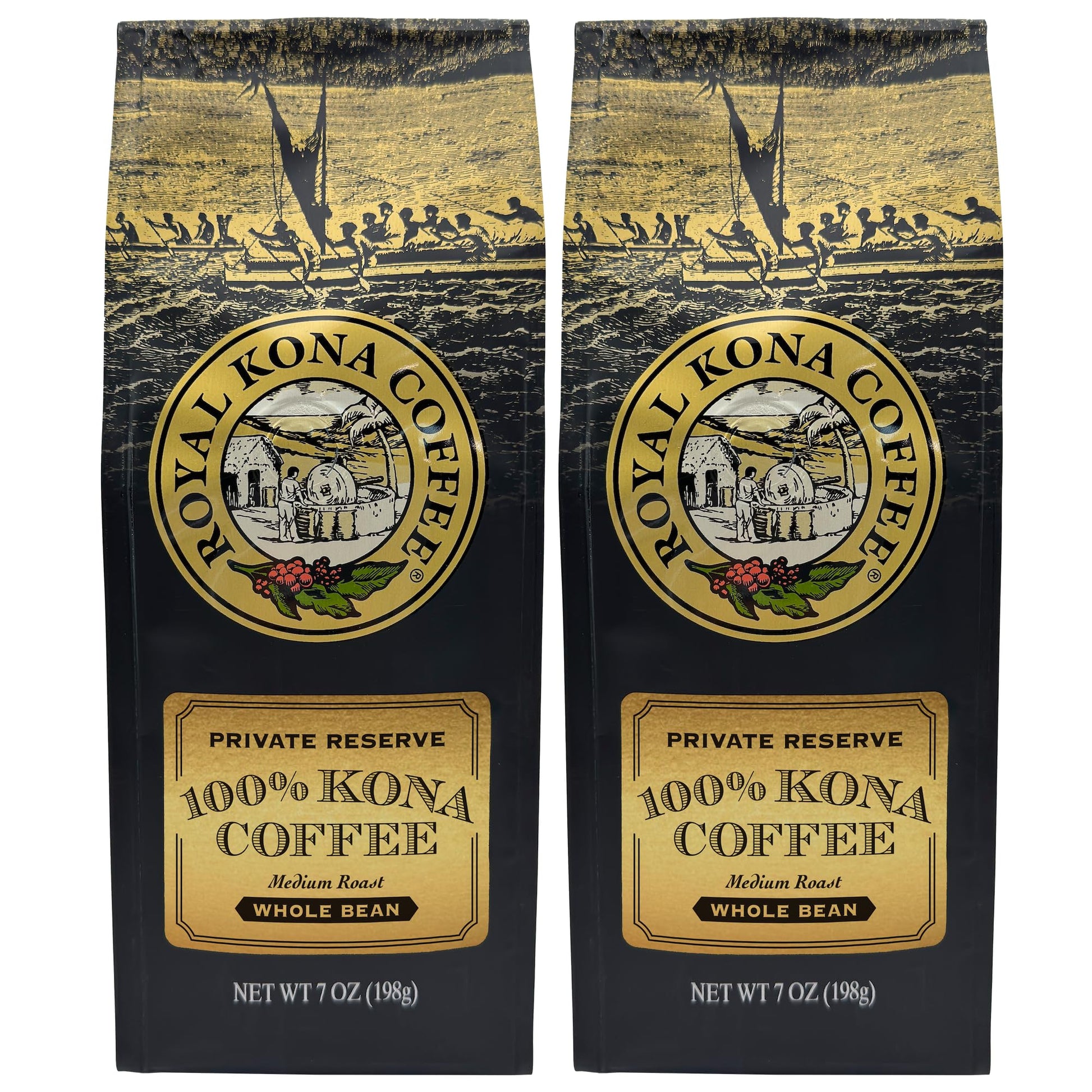 Royal Kona 2-Pack 100% Hawaiian Kona Coffee, Private Reserve Medium Roast, Whole Bean - 7 Ounce Bags (Pack Of Two)