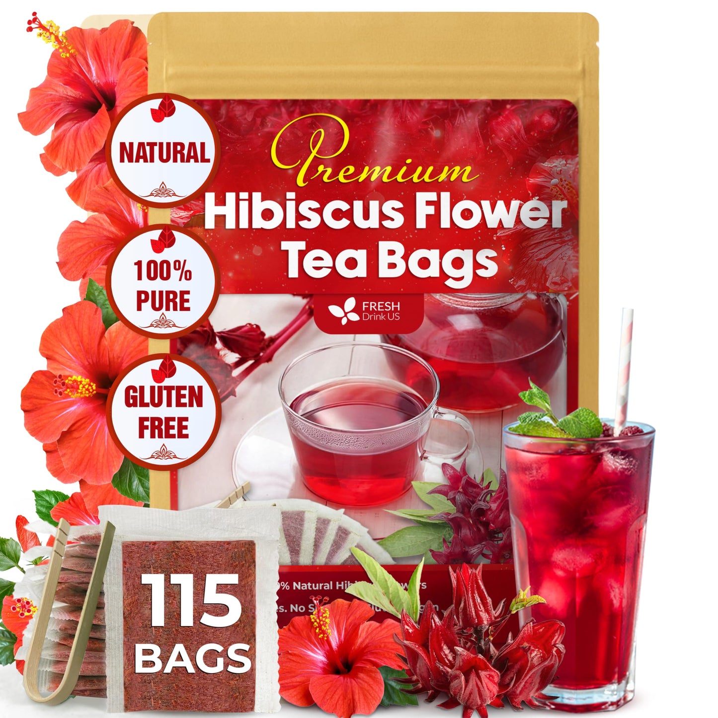 Freshdrinkus Top-Grade 115 Hibiscus Flowers Tea Bags 100% Natural & Pure. Loose Flower Hibiscus Herbal Tea. No Sugar No Energy Blend No Gluten Vegan.