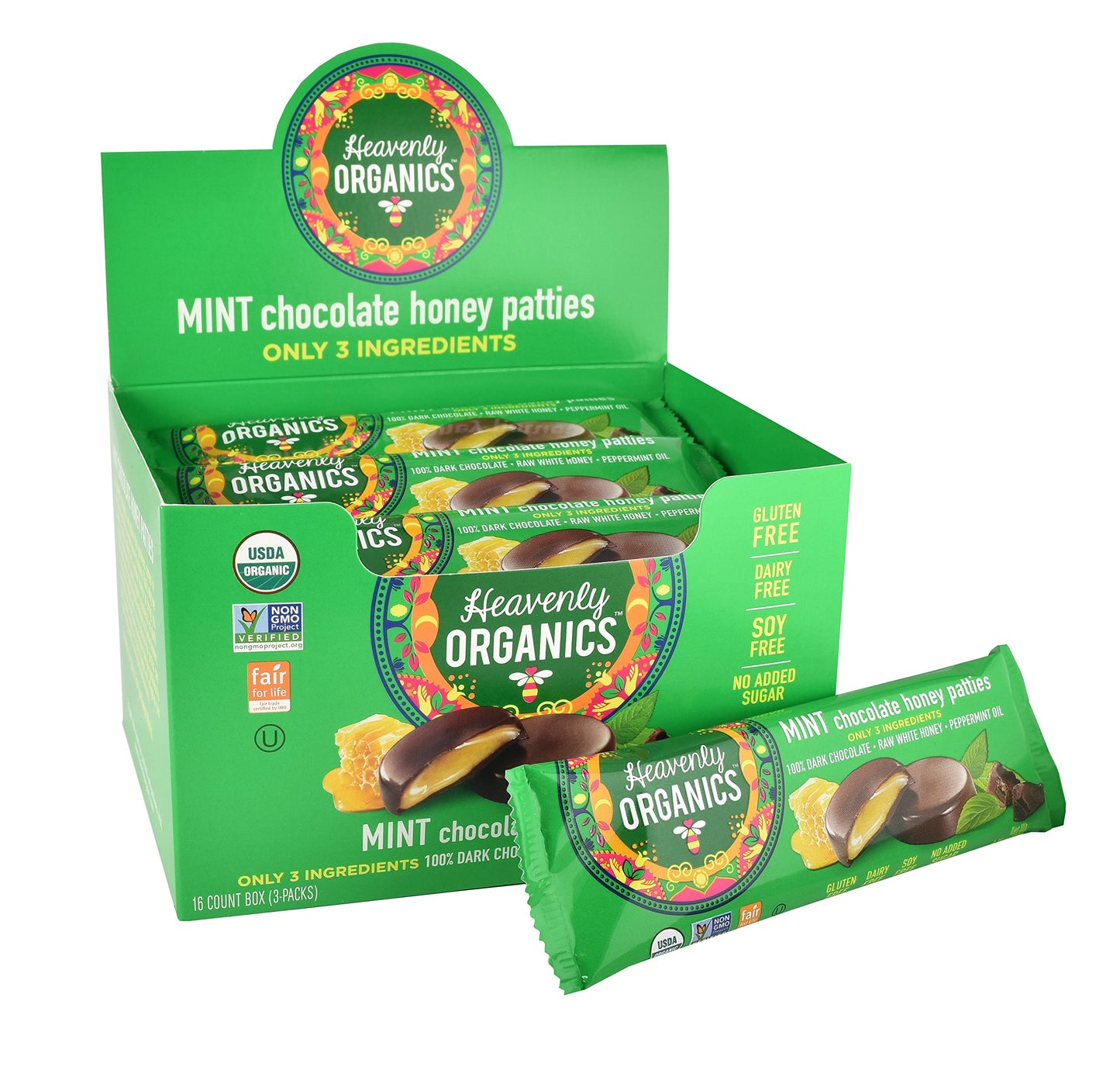 Heavenly Organics Mint Chocolate Honey Patties, (16 Per Box) Made With 100% Organic Cocoa And 100% Organic Raw White Honey; Non-