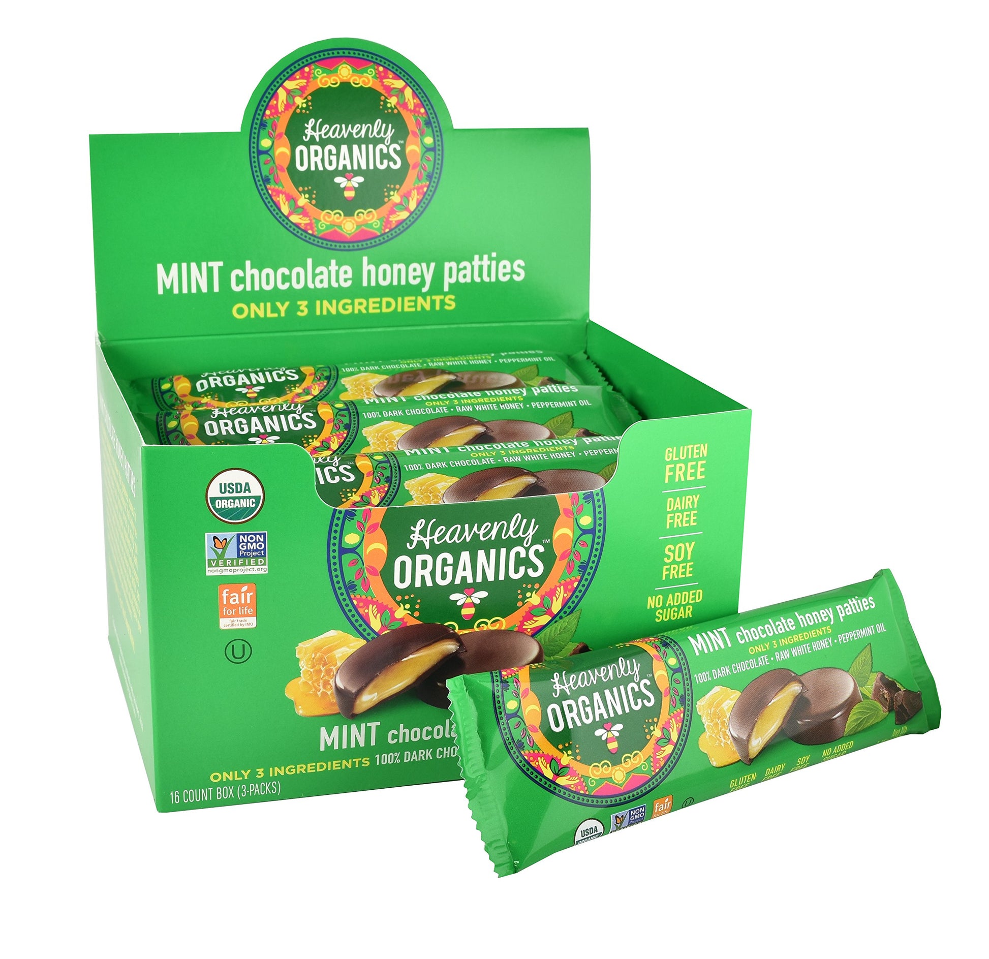 Heavenly Organics Mint Chocolate Honey Patties, (16 Per Box) Made With 100% Organic Cocoa And 100% Organic Raw White Honey; Non-